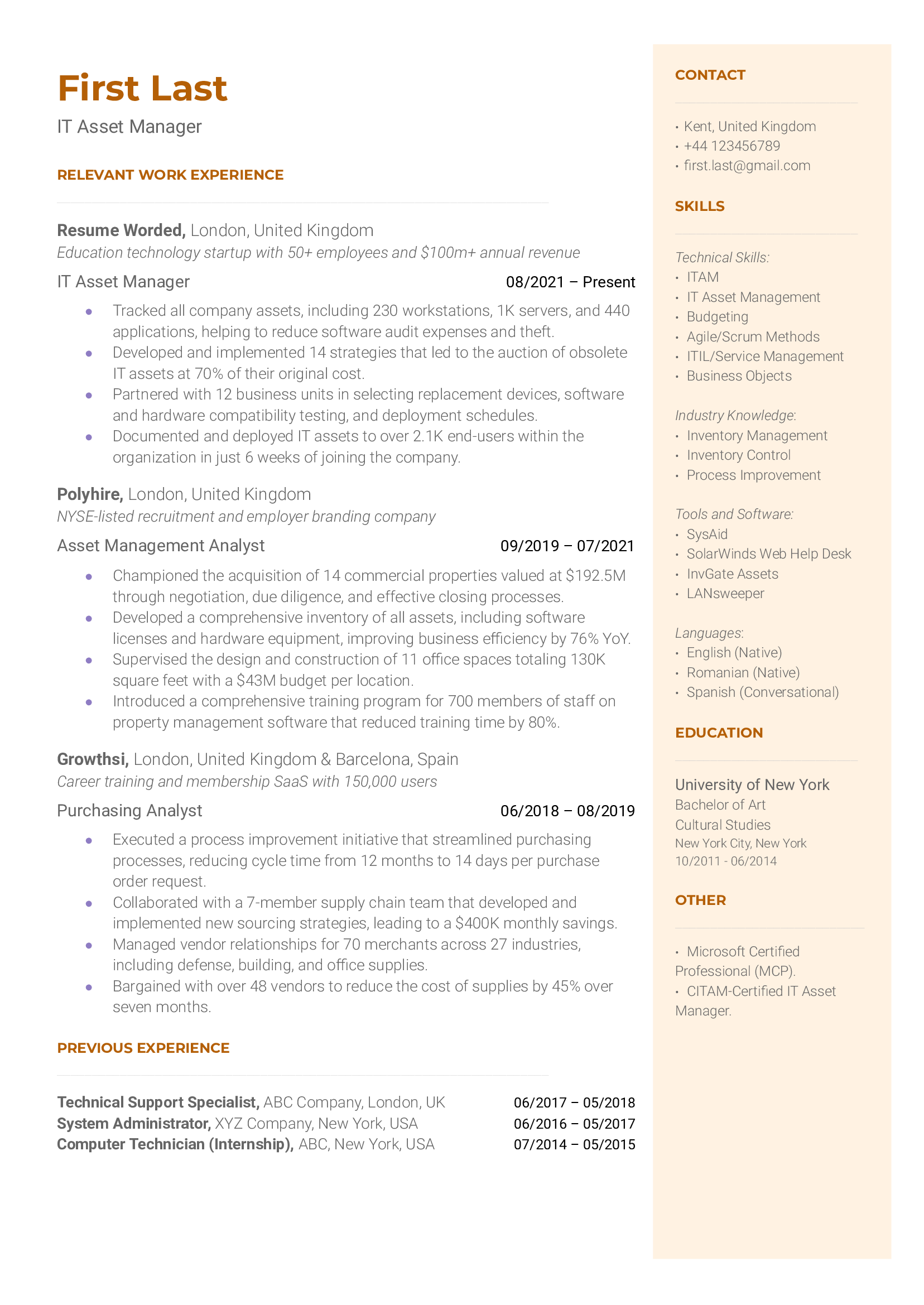 An IT asset manager resume sample that highlights the applicant’s wide skills range and relevant certifications.