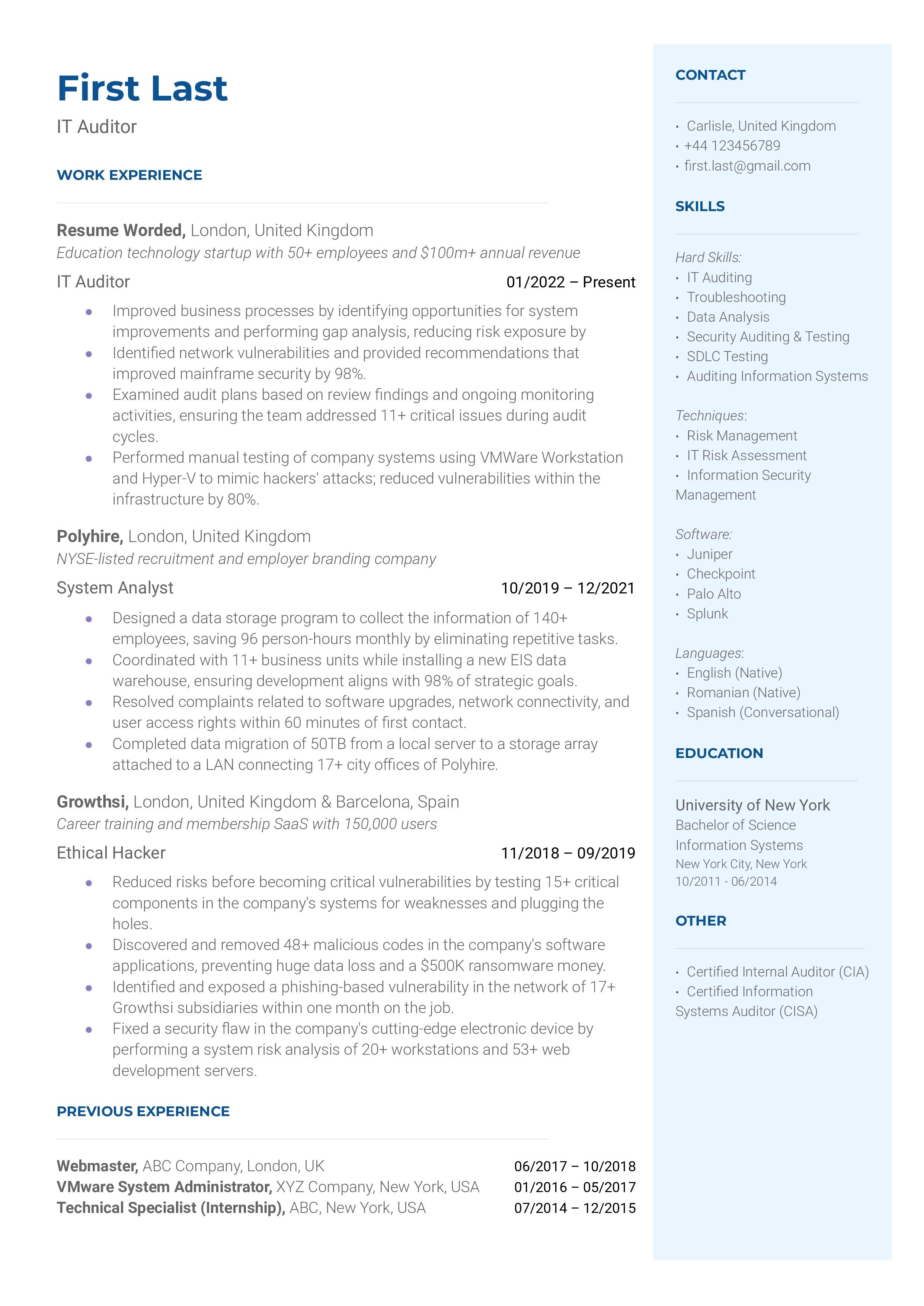 3 IT Auditor Resume Examples For 2024 Resume Worded