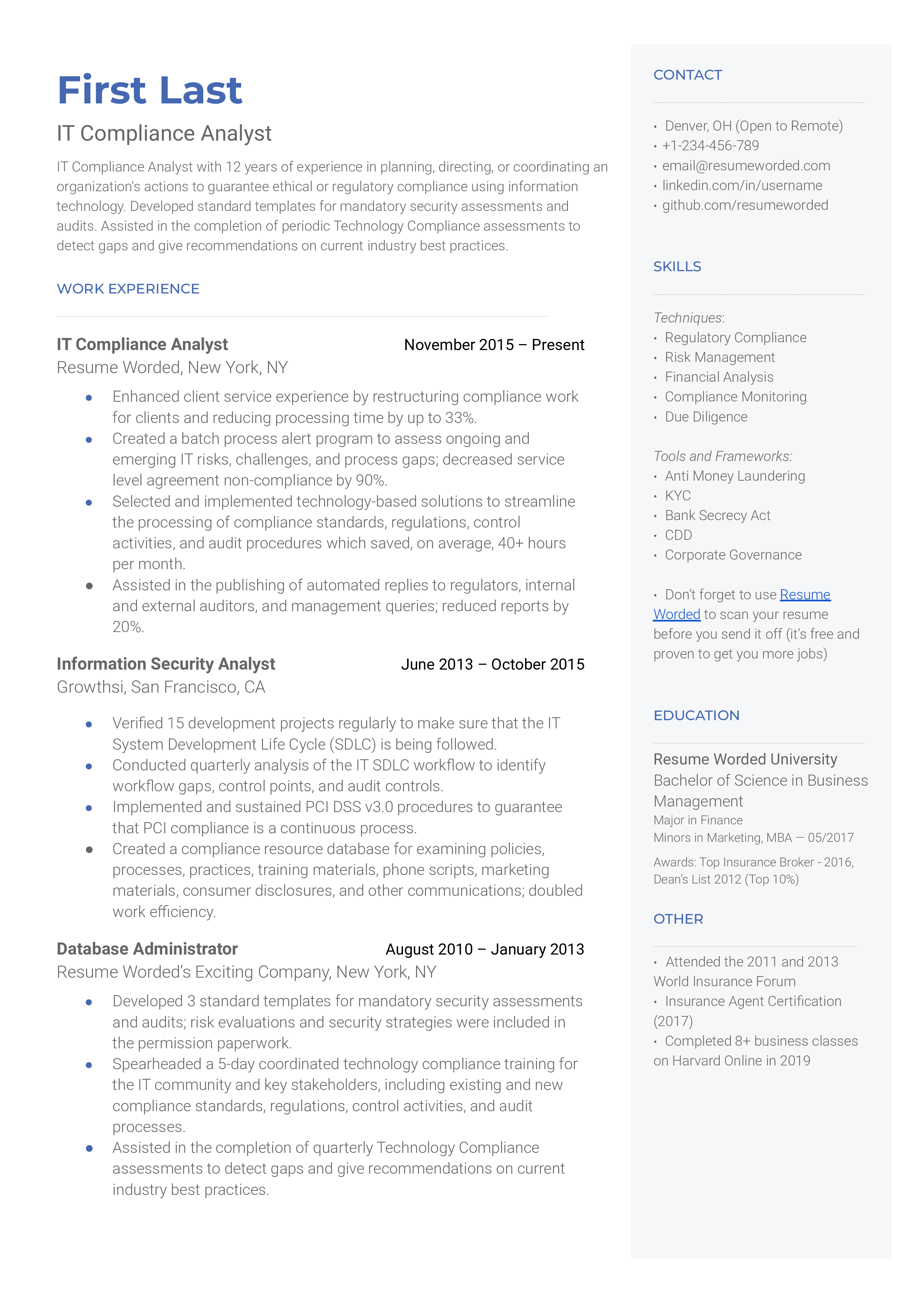 IT compliance analyst resume example