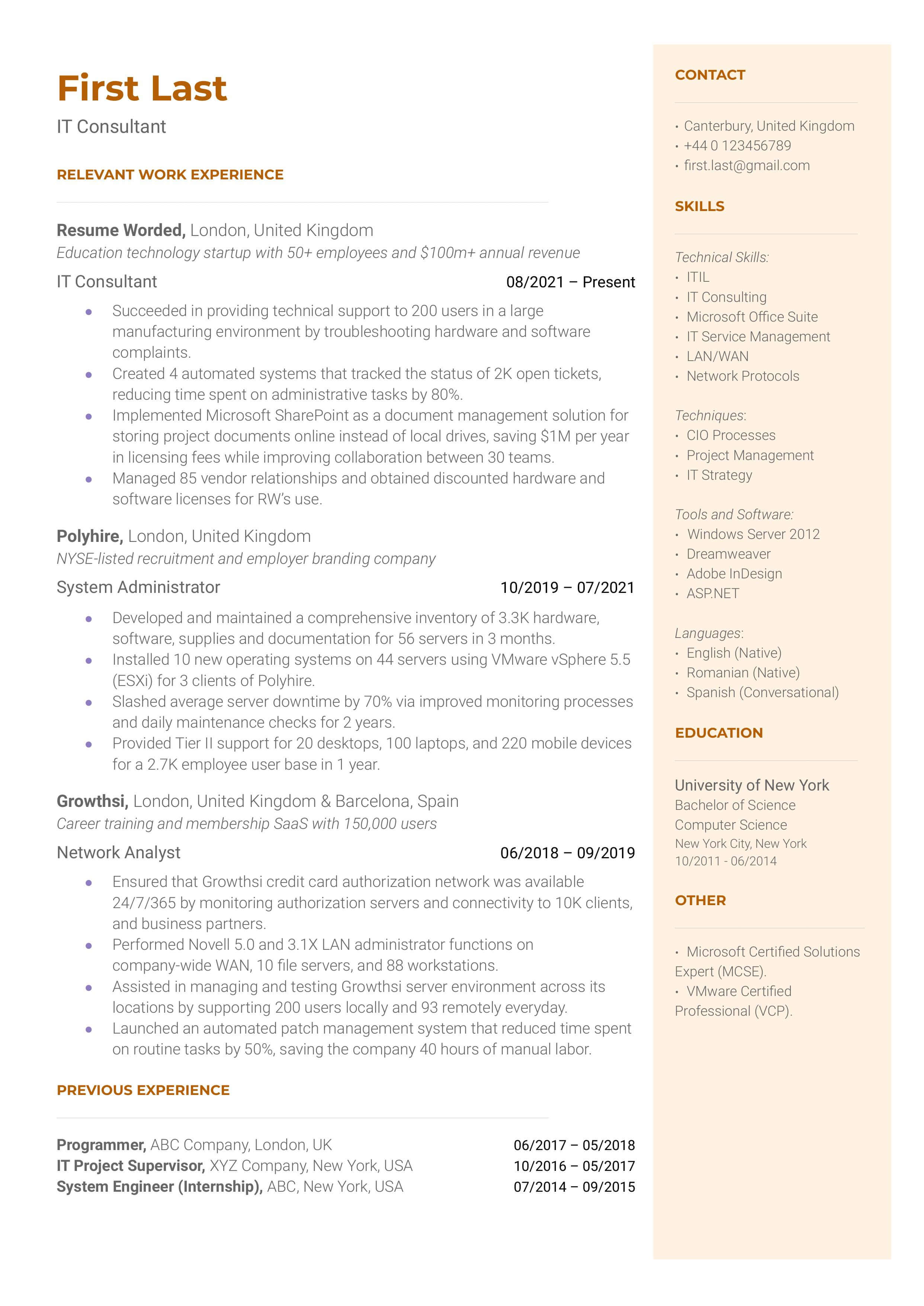 A professional CV showcasing technical and soft skills for IT Consultant roles.