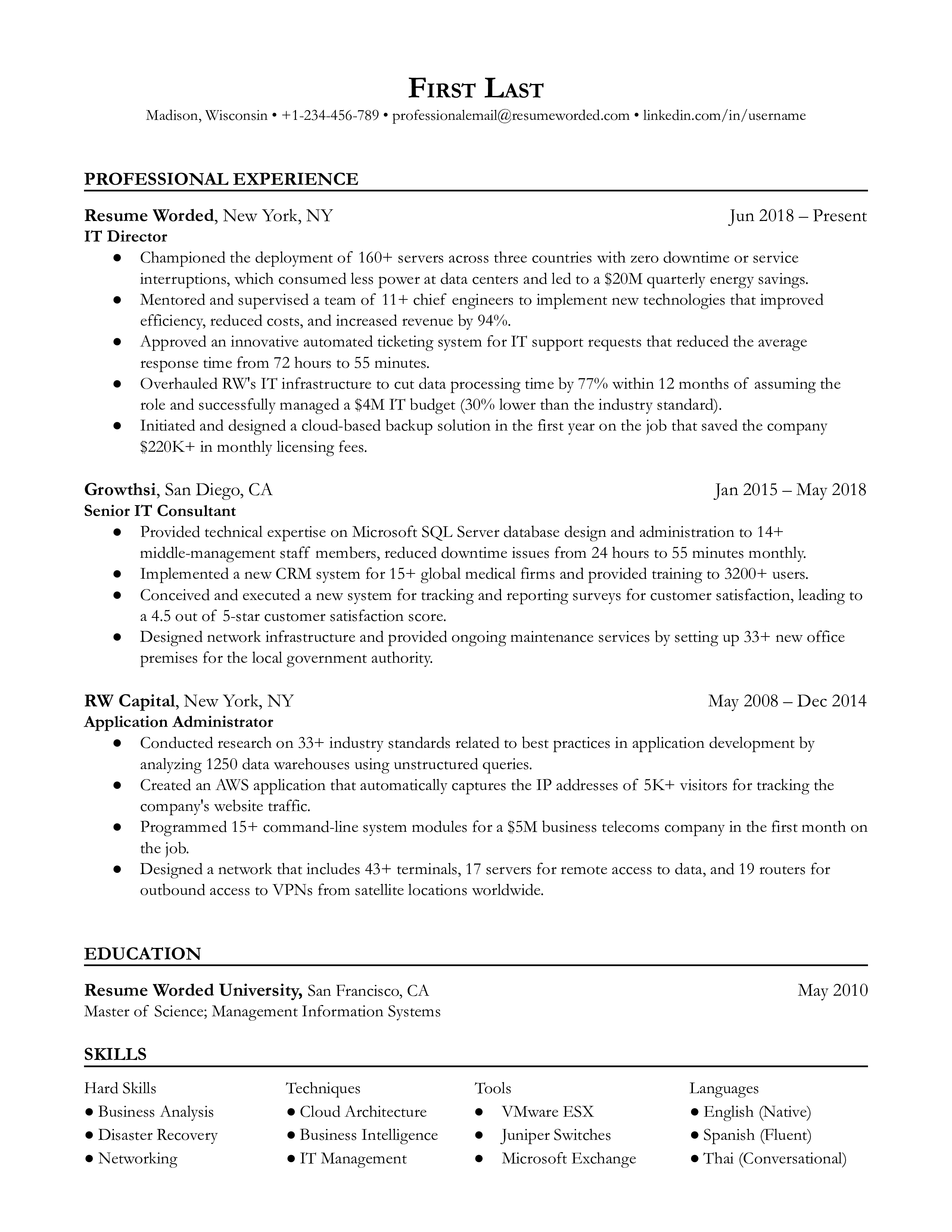  An IT director resume template separating the skills section by tools, techniques, languages, and hard skills.