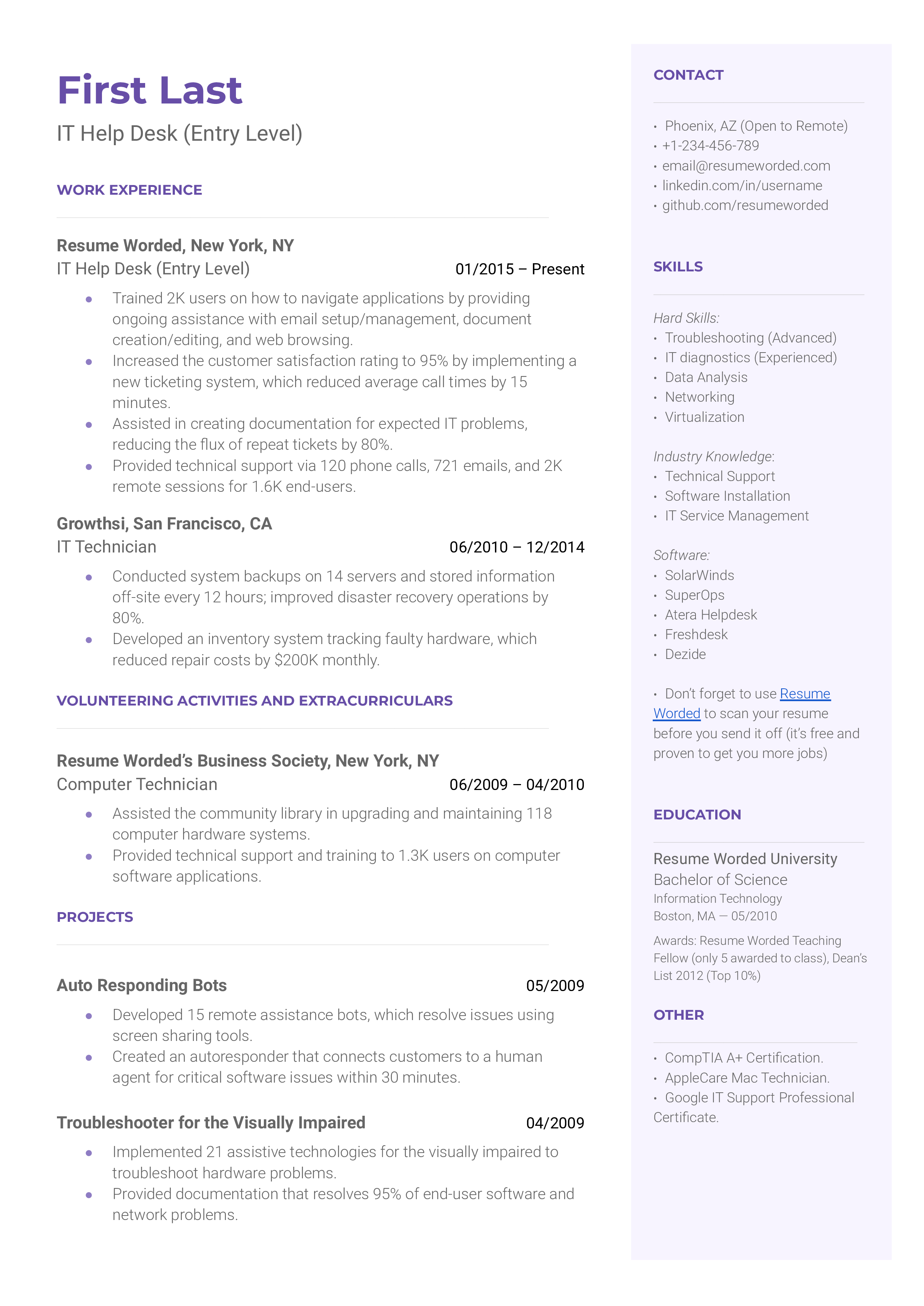 A IT help desk (entry-level) resume template that is tailored to the IT industry 
