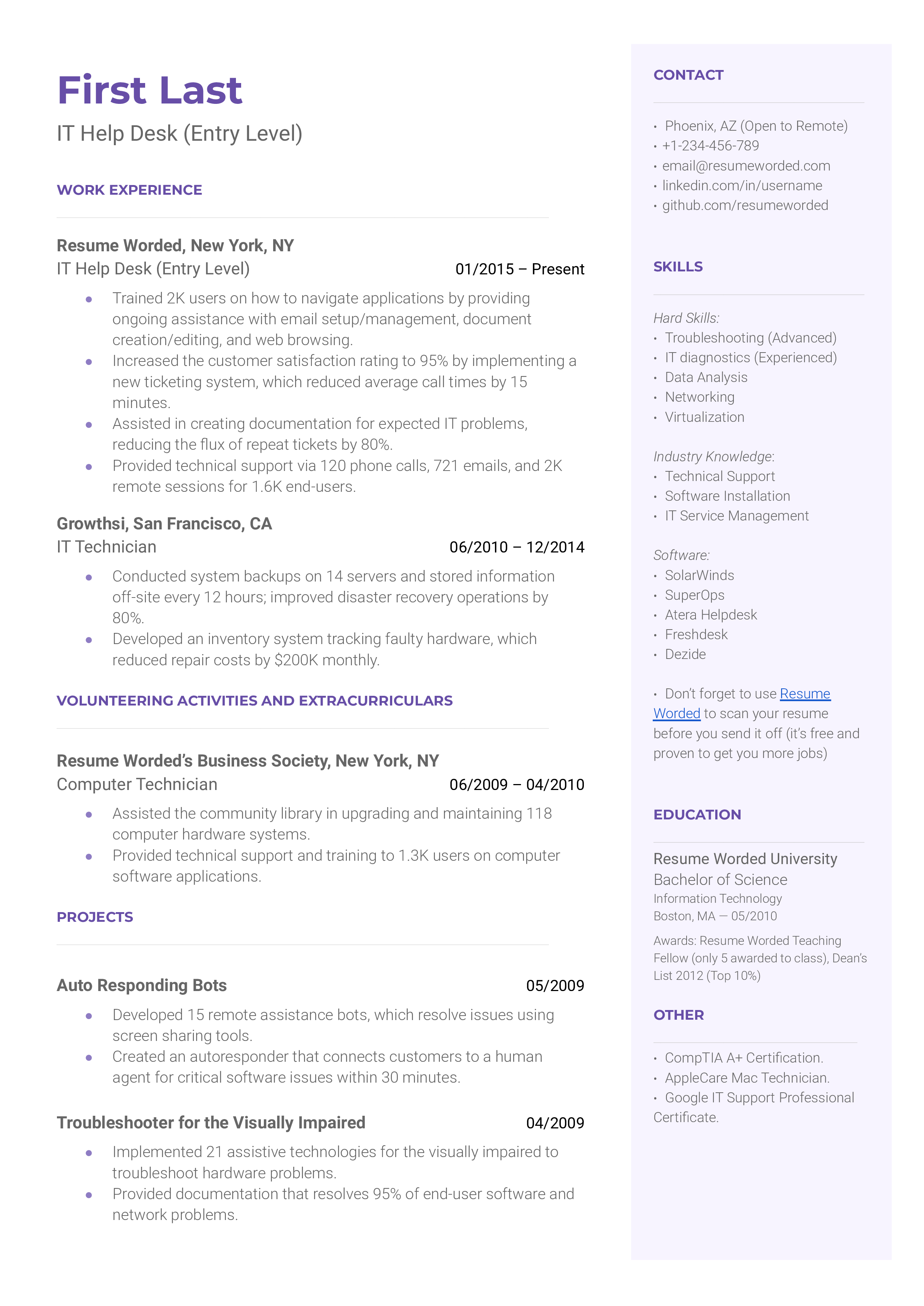 A screenshot of an IT Help Desk CV showcasing problem-solving and customer service skills.