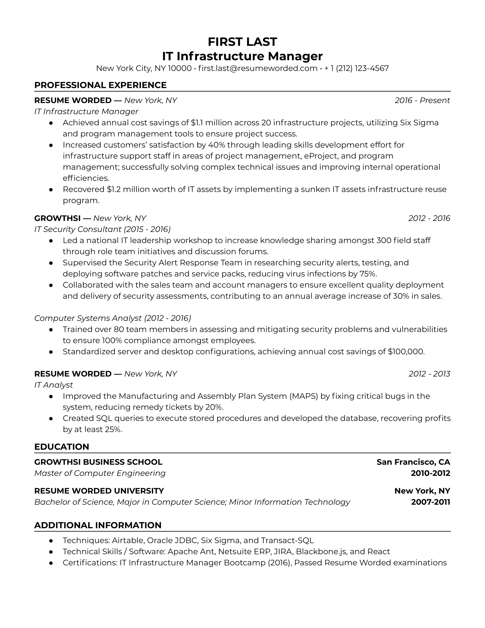 IT Infrastructure Manager Resume Template + Example