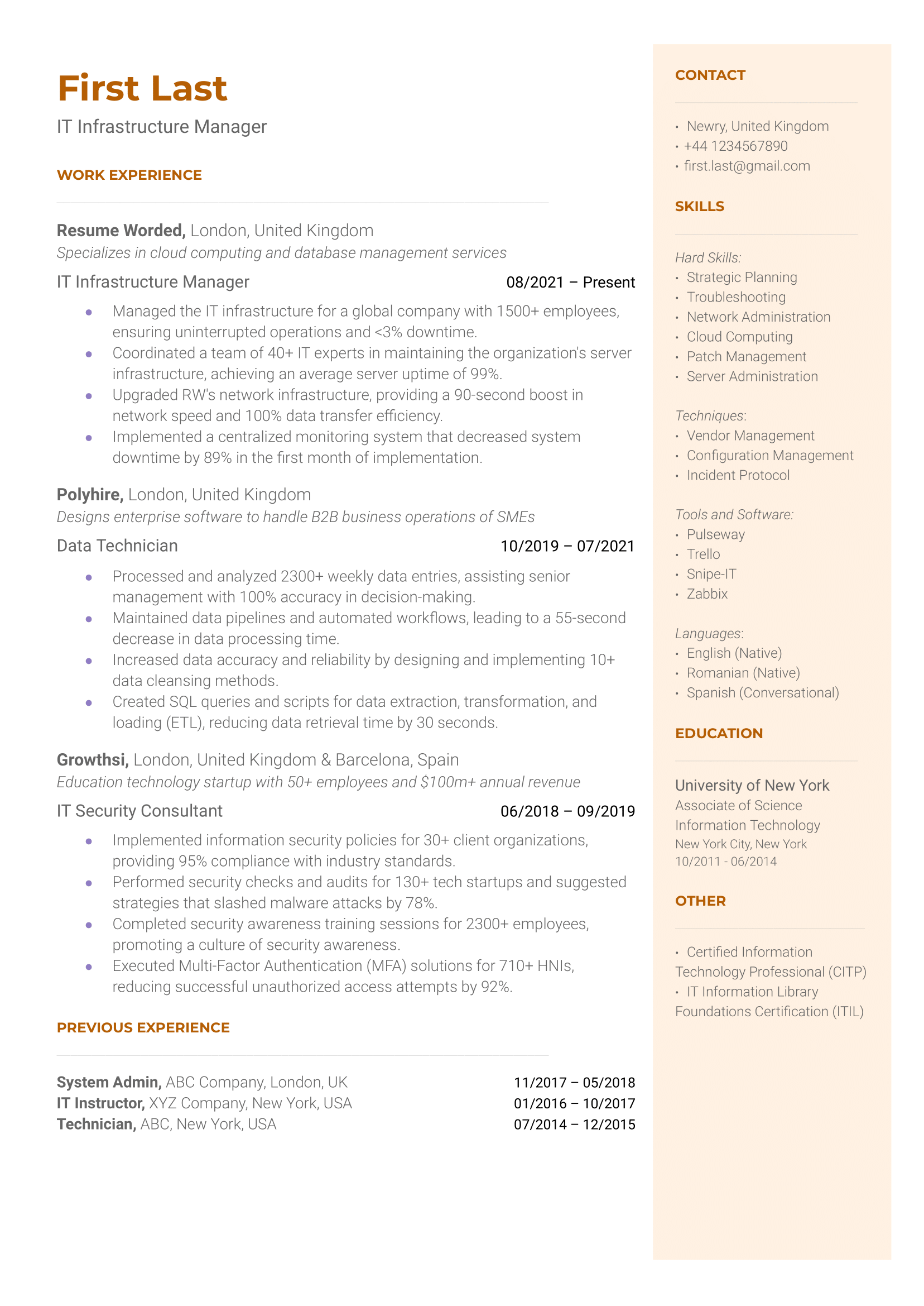 A professional CV for an IT Infrastructure Manager role showcasing technical and leadership skills.