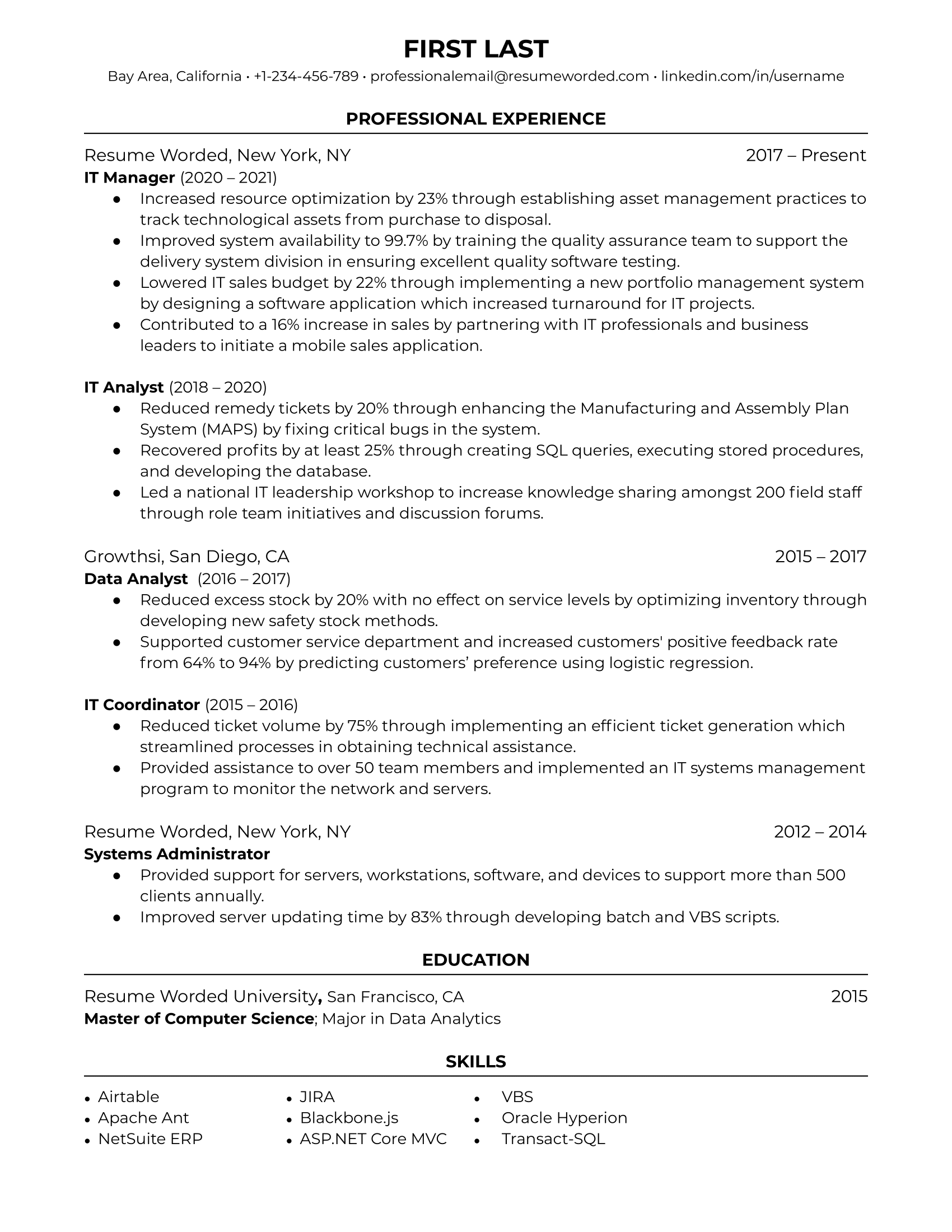CV for IT Manager role showcasing technical skills and leadership achievements.