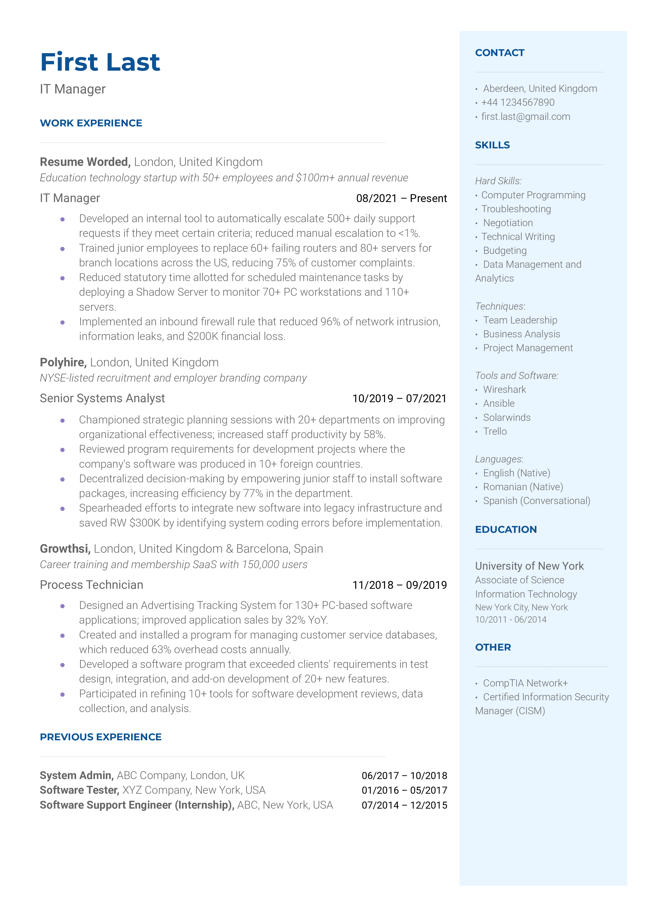 An IT Manager's CV highlighting project management skills and expertise in trending technologies.