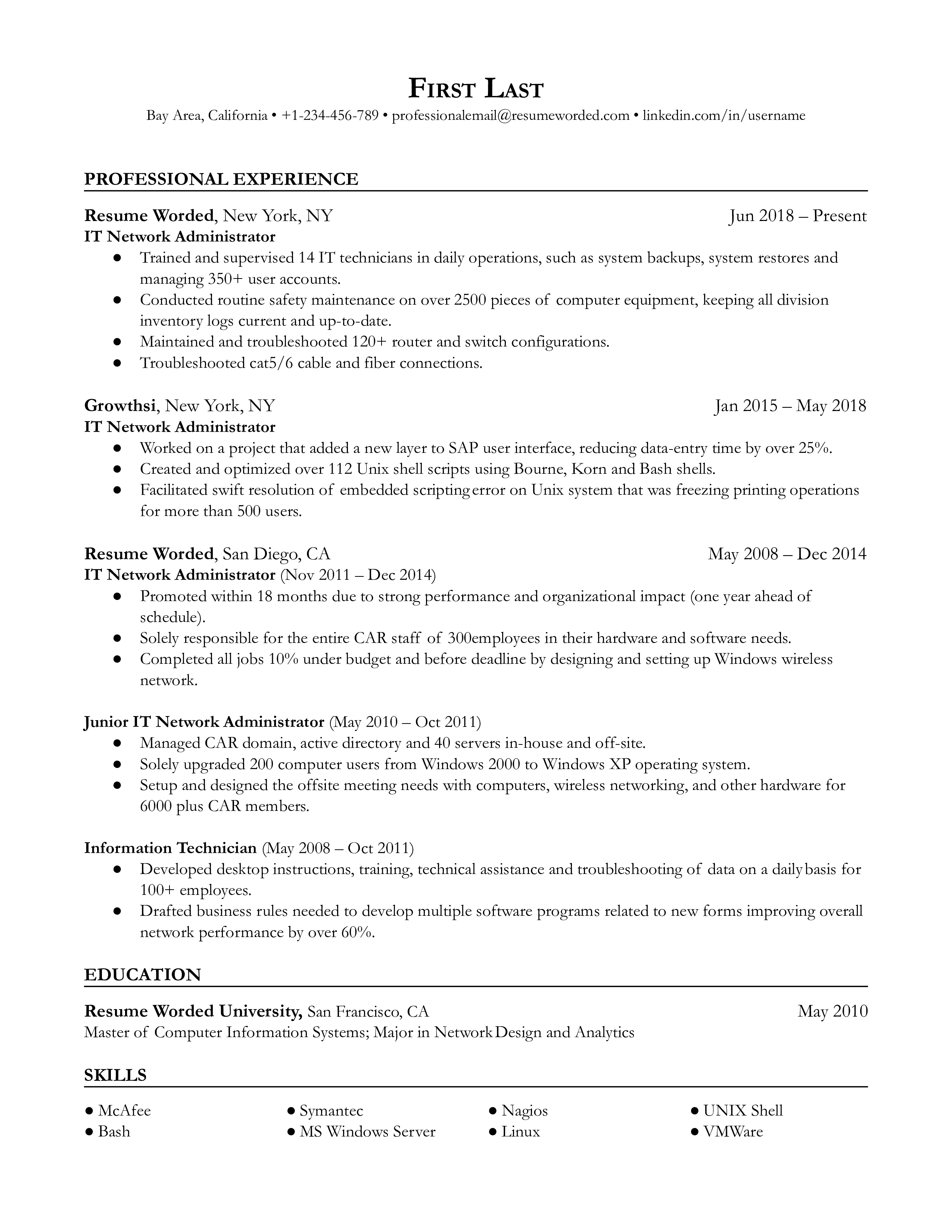 IT Network Administrator Resume Sample