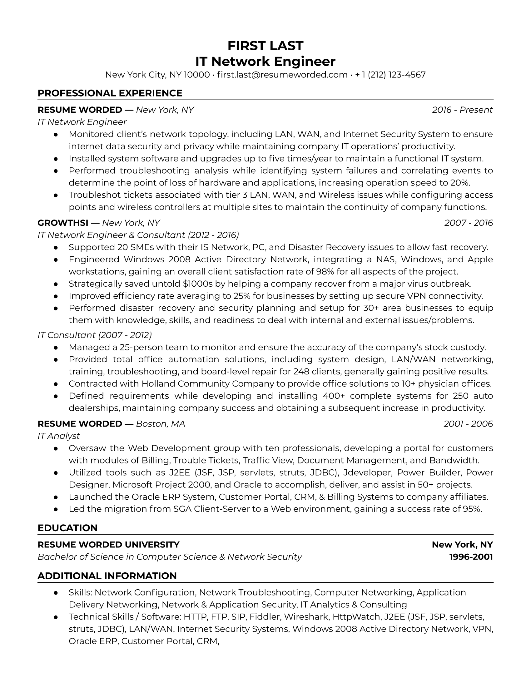 IT network engineer resume with strong action verbs and measurable achievements
