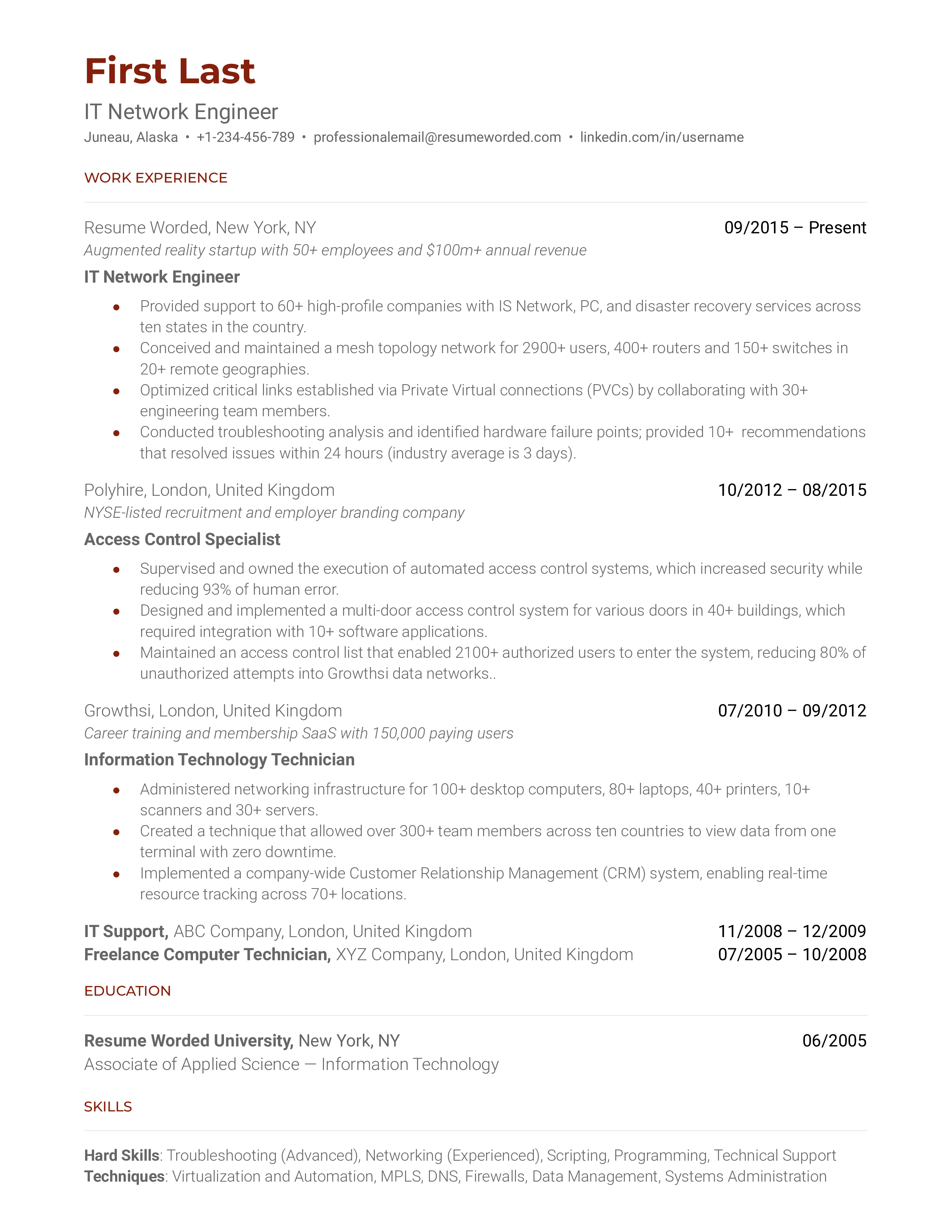 A IT network engineer resume template using strong action verbs.