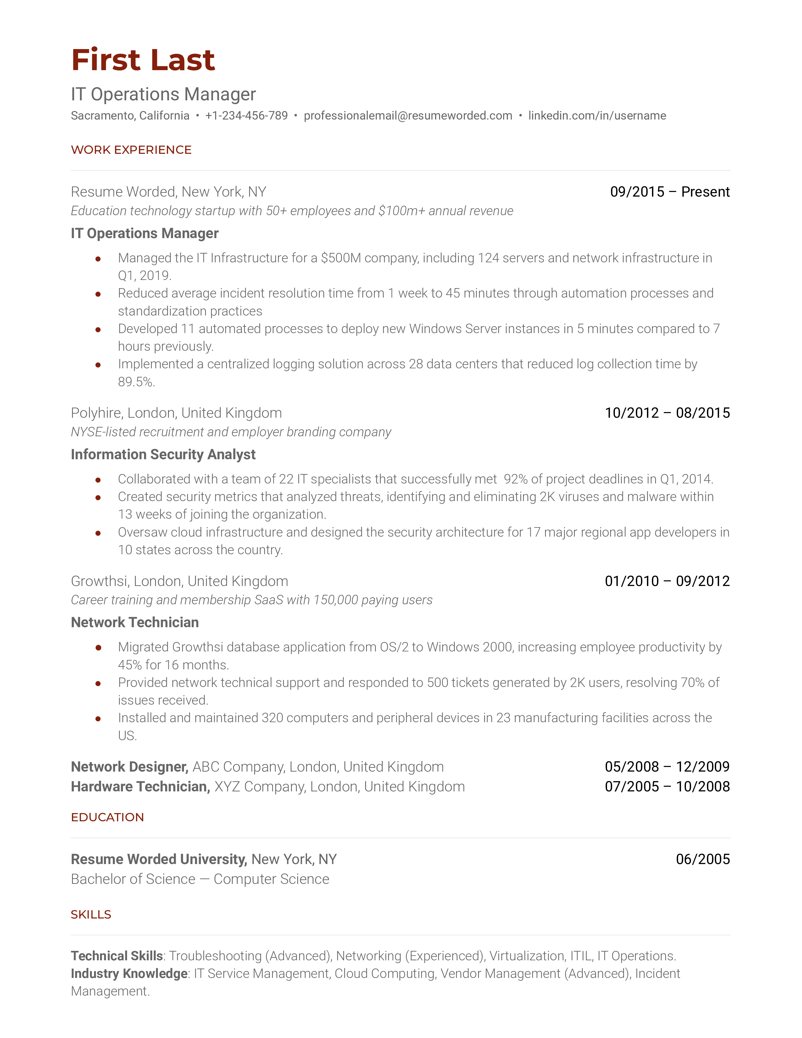 IT Operations Manager Resume Sample