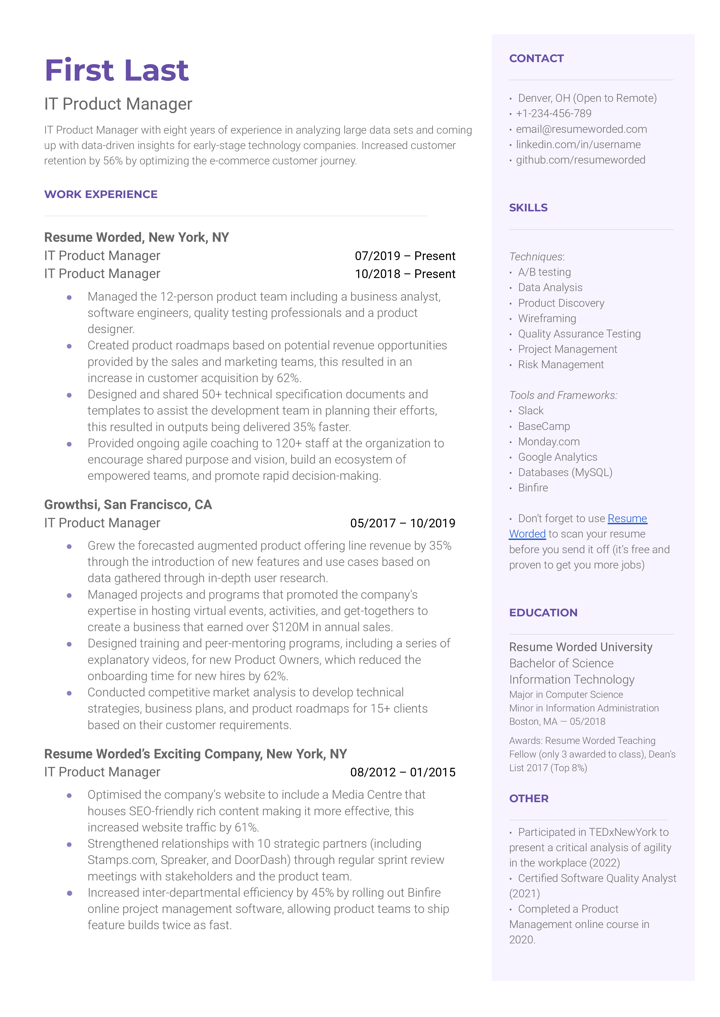 IT Product Manager Resume Sample