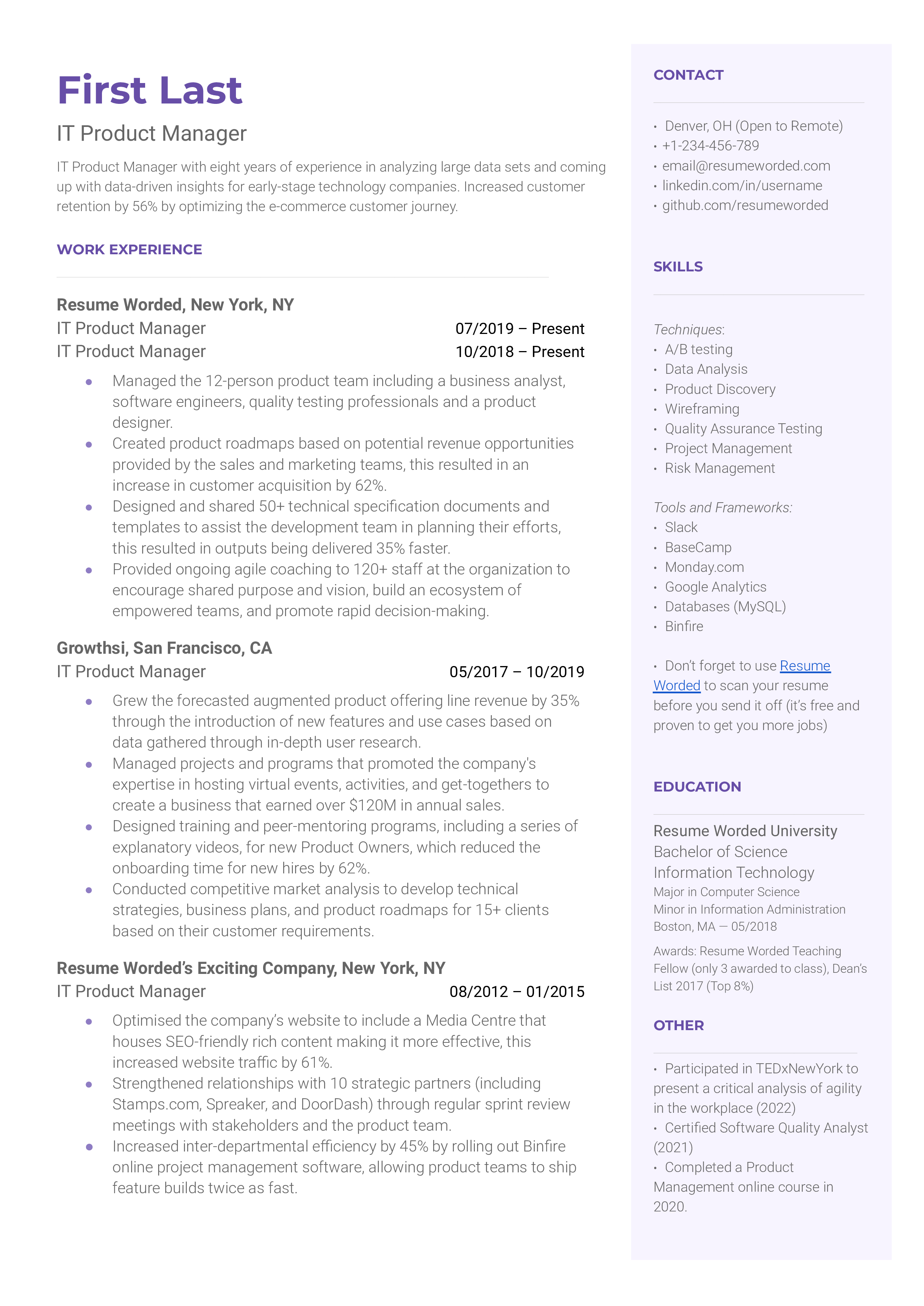 A CV screenshot showcasing tech skills and product lifecycle management for an IT Product Manager.