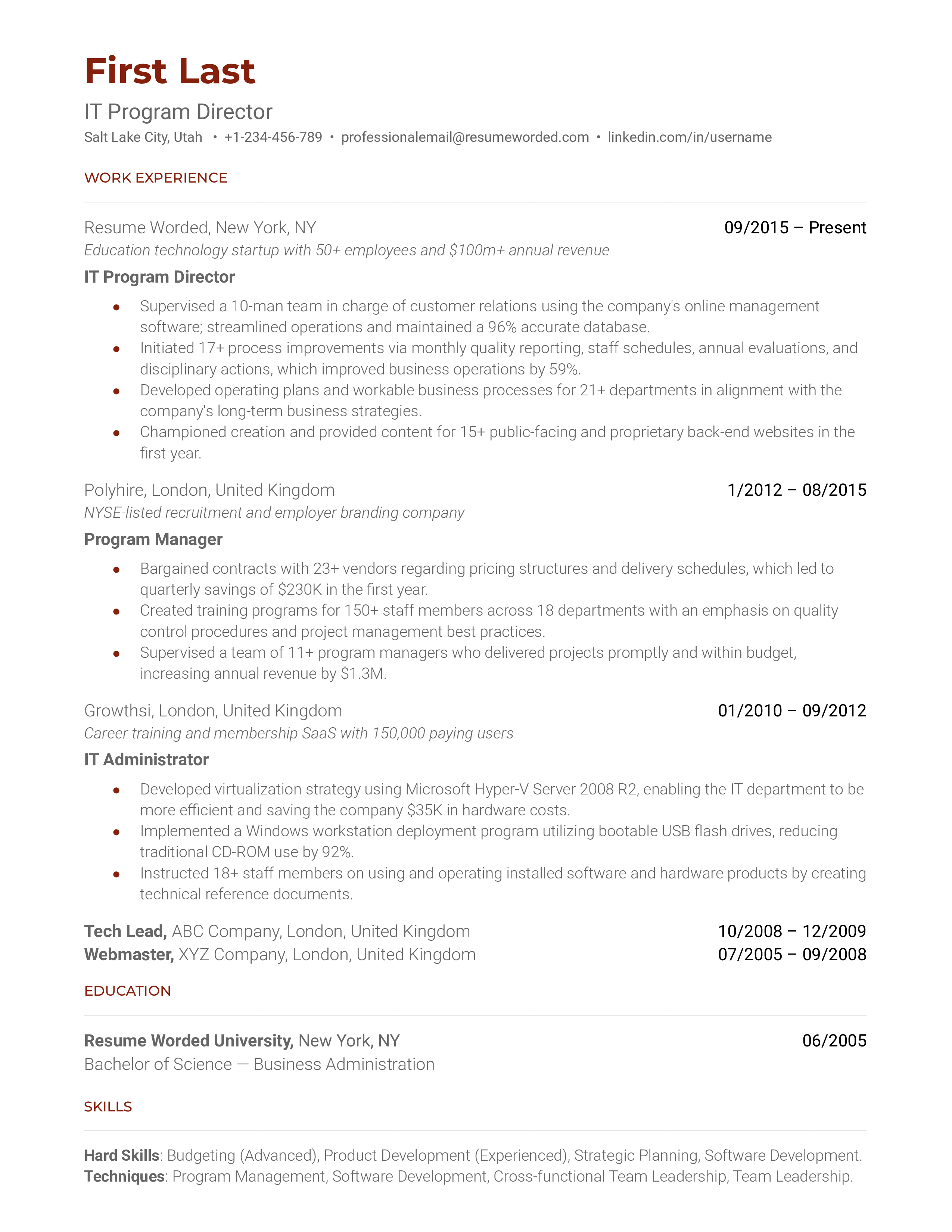 A IT Program Director resume template including contact information and relevant work experience. 