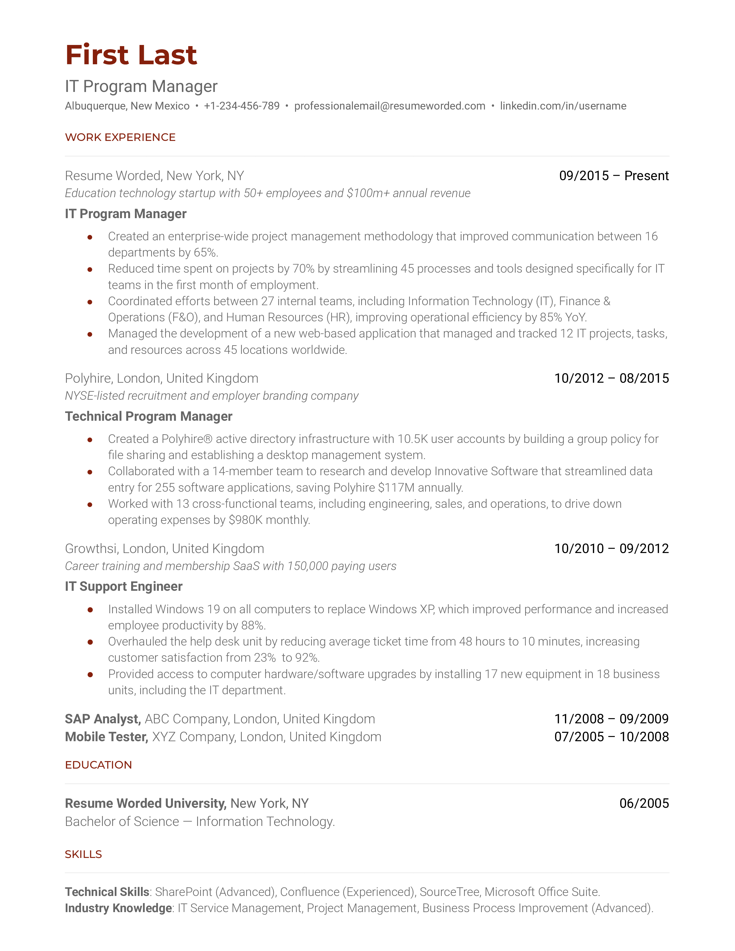 Professional IT Program Manager's CV showcasing technical and strategic expertise.
