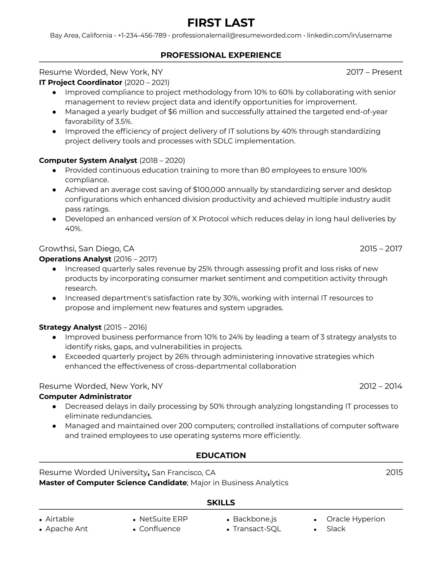 IT Project Coordinator Resume Template + Example
