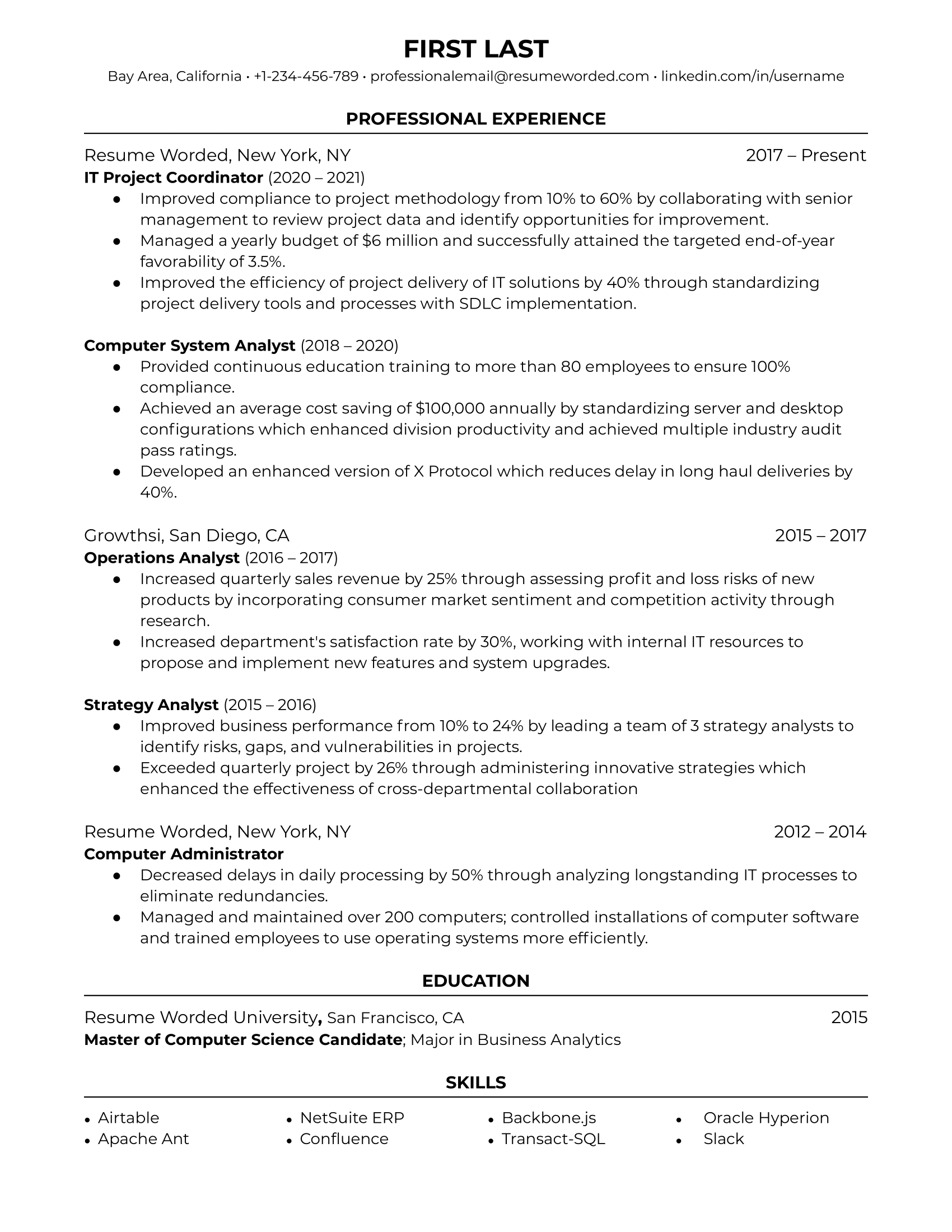 IT Project Coordinator Resume Sample