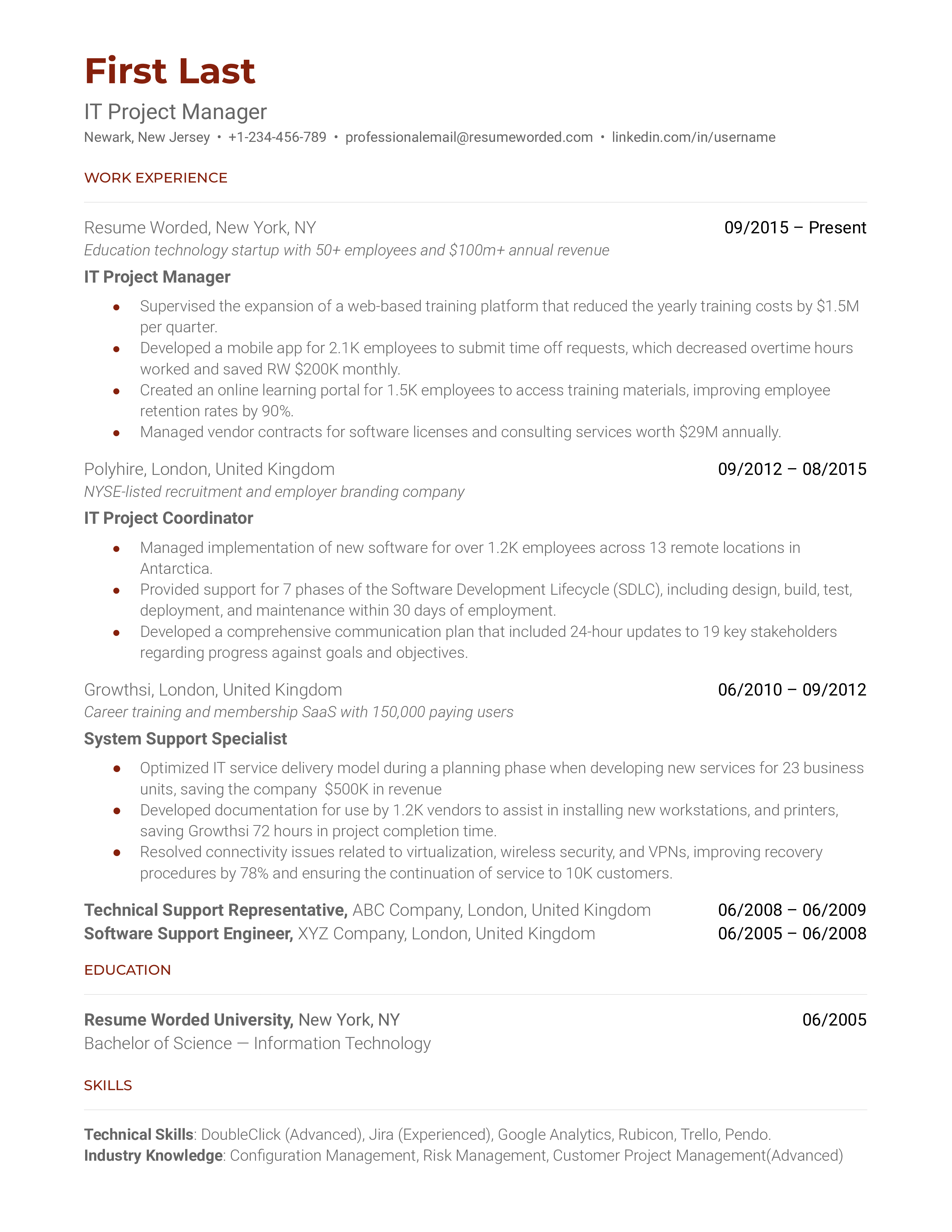 Alt text: A well-structured CV for an IT Project Manager position.