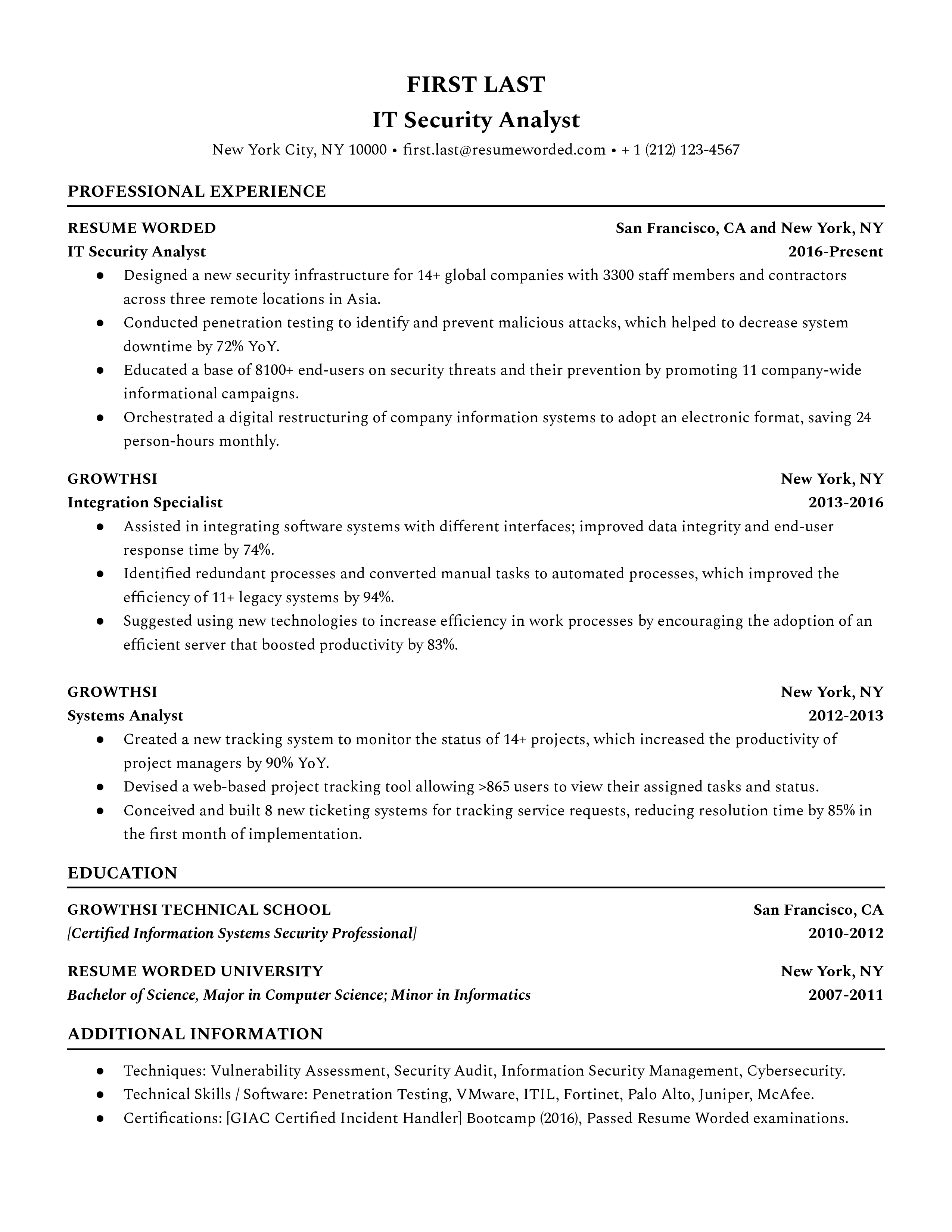 An IT security analyst resume template prioritizing work experience.