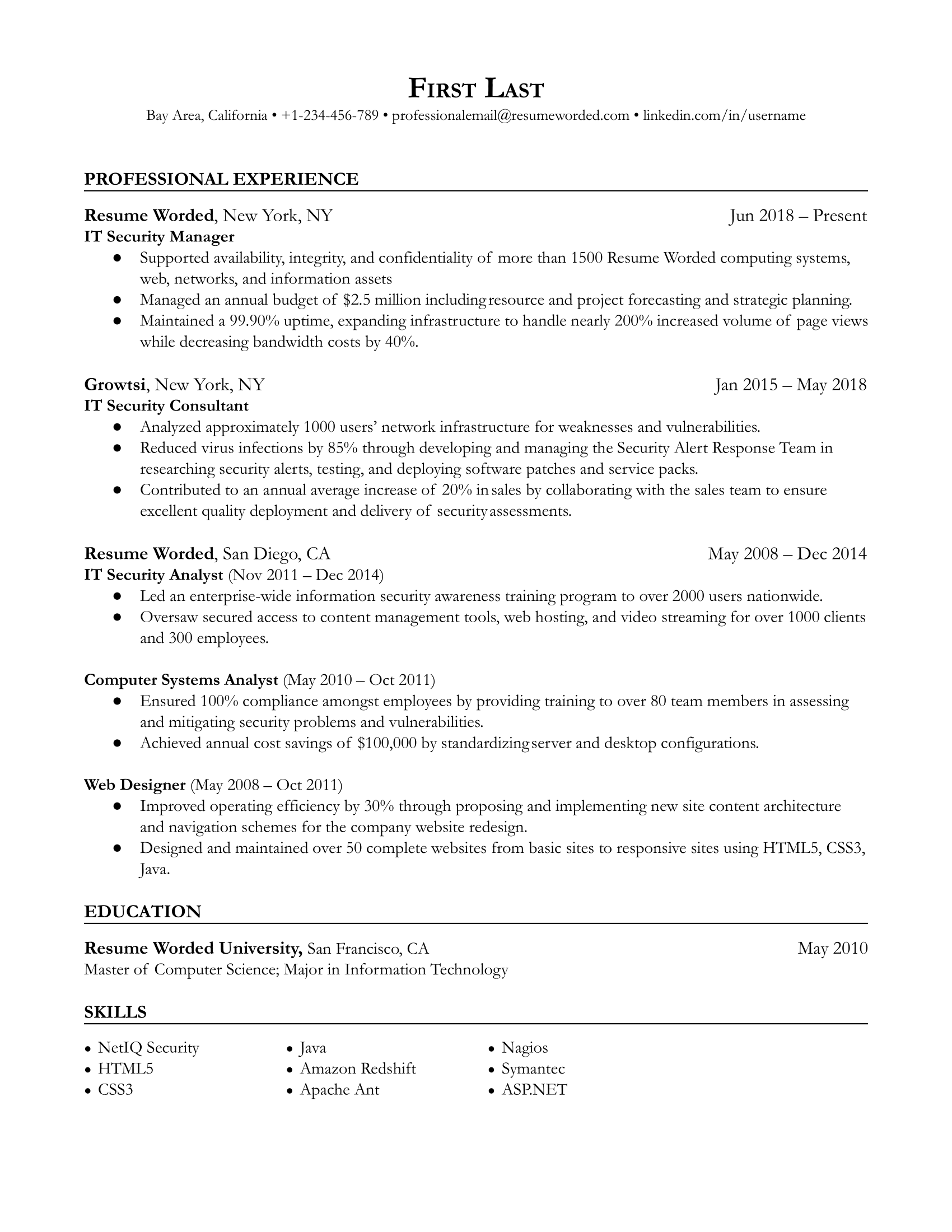 IT Security Manager Resume Sample
