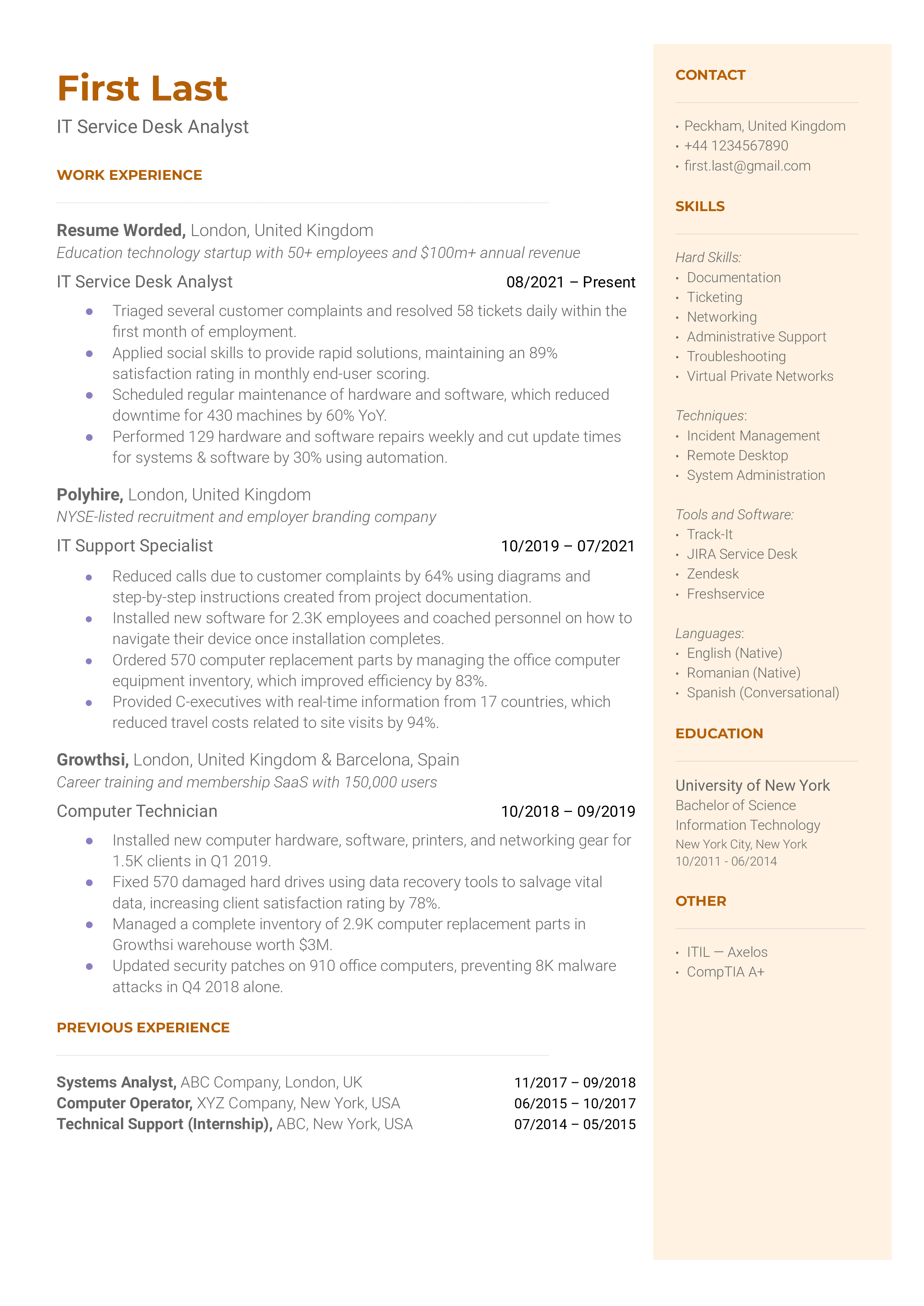 A IT service desk analyst resume template that focuses on IT keywords