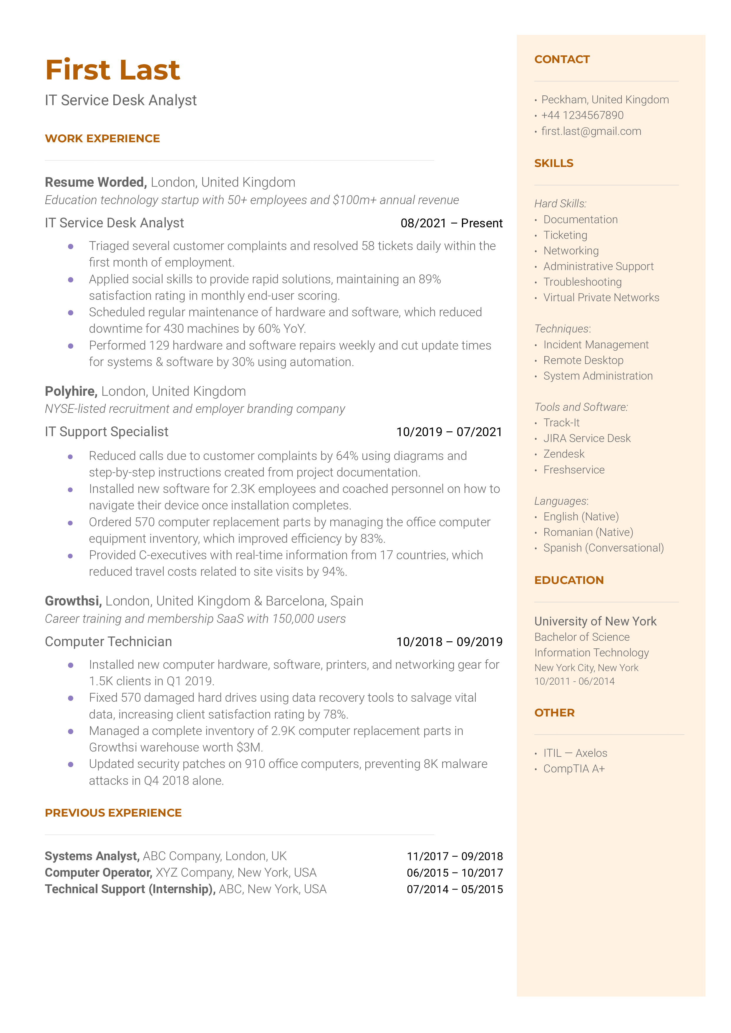 An example CV showcasing customer service experiences and technical certifications for an IT Service Desk Analyst role.