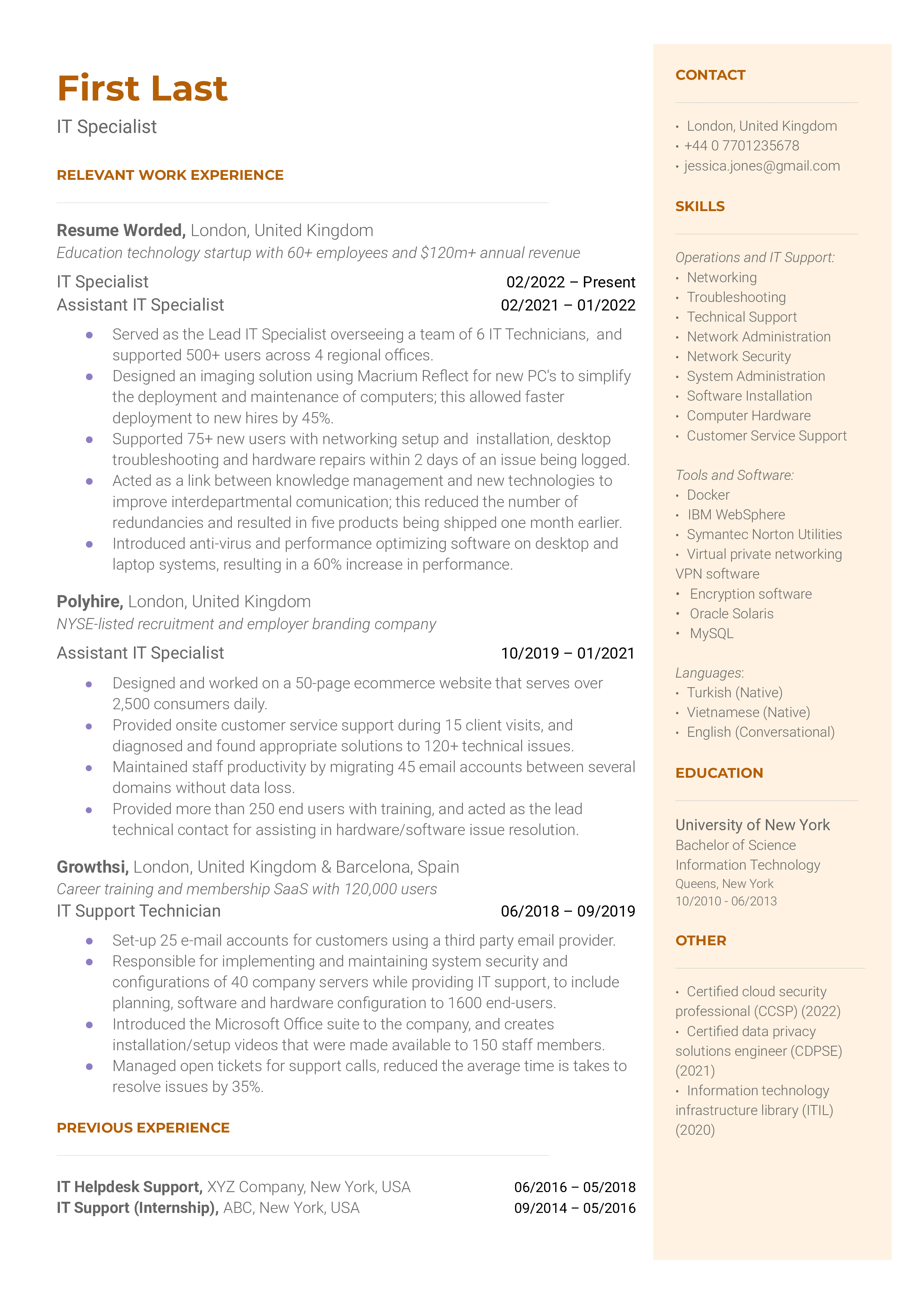 An IT specialist resume sample highlighting the applicants technical skill set and I.T. related background and education.