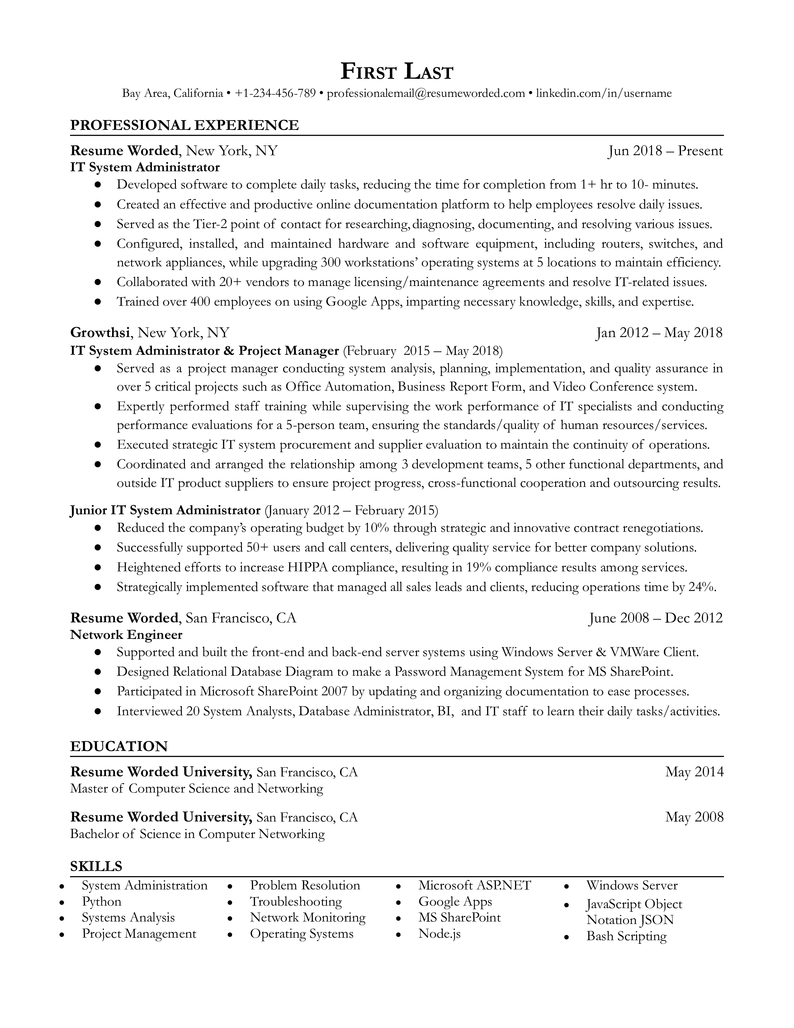 Screenshot of an IT System Administrator's resume showcasing certifications and problem-solving experiences.