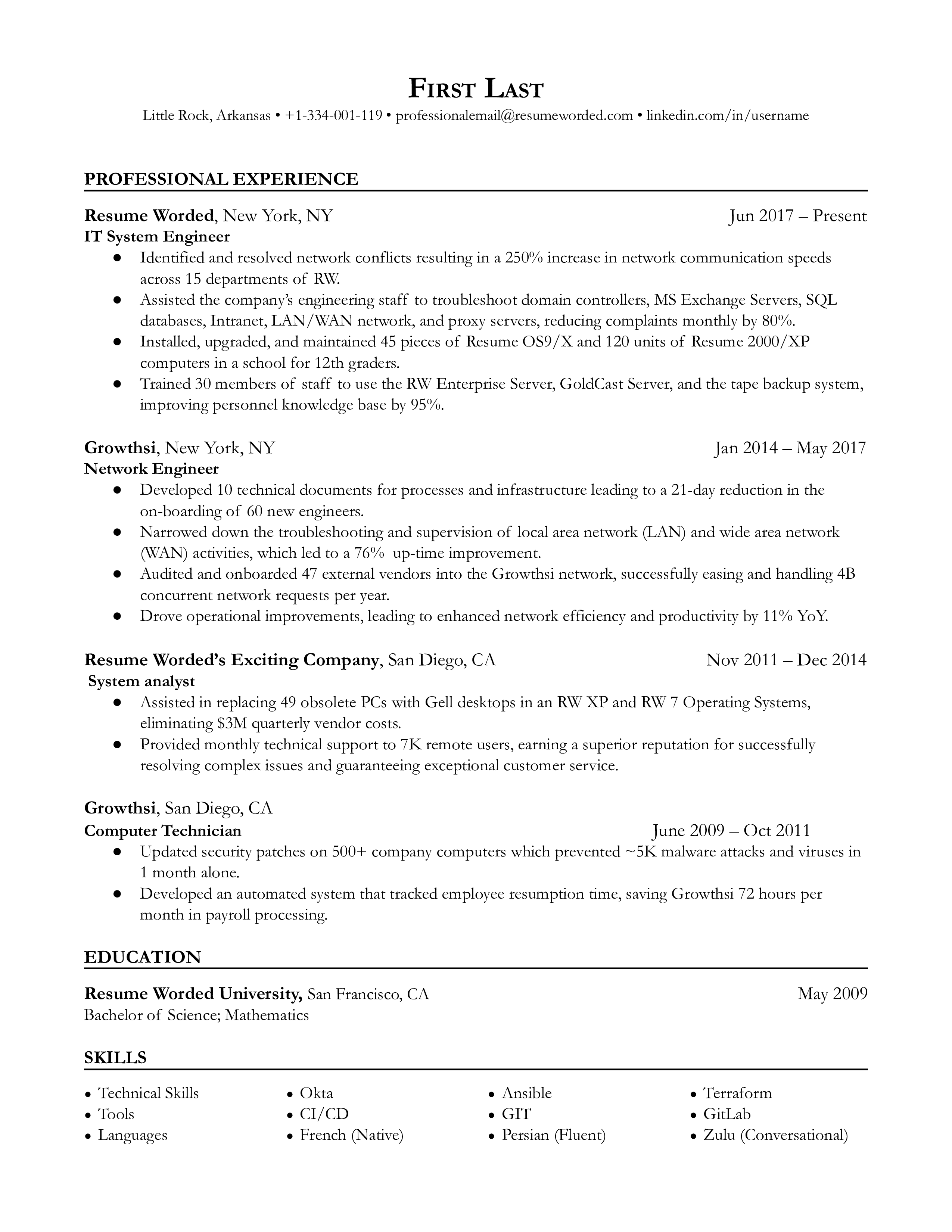 A CV for an IT System Engineer showcasing cloud platform skills and soft skills.