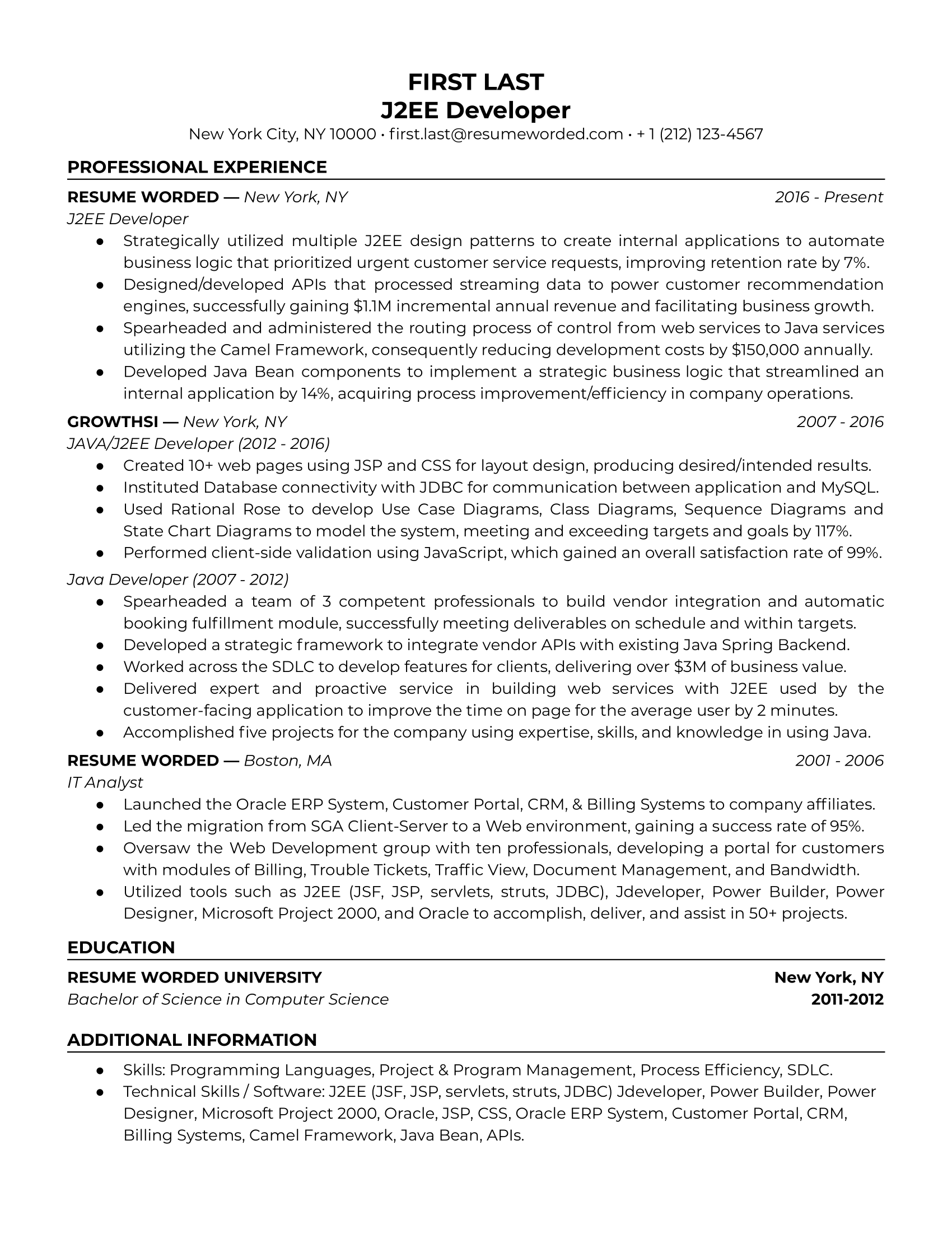 A resume for a J2EE developer with a bachelor's degree and experience as an IT analyst and Java developer.