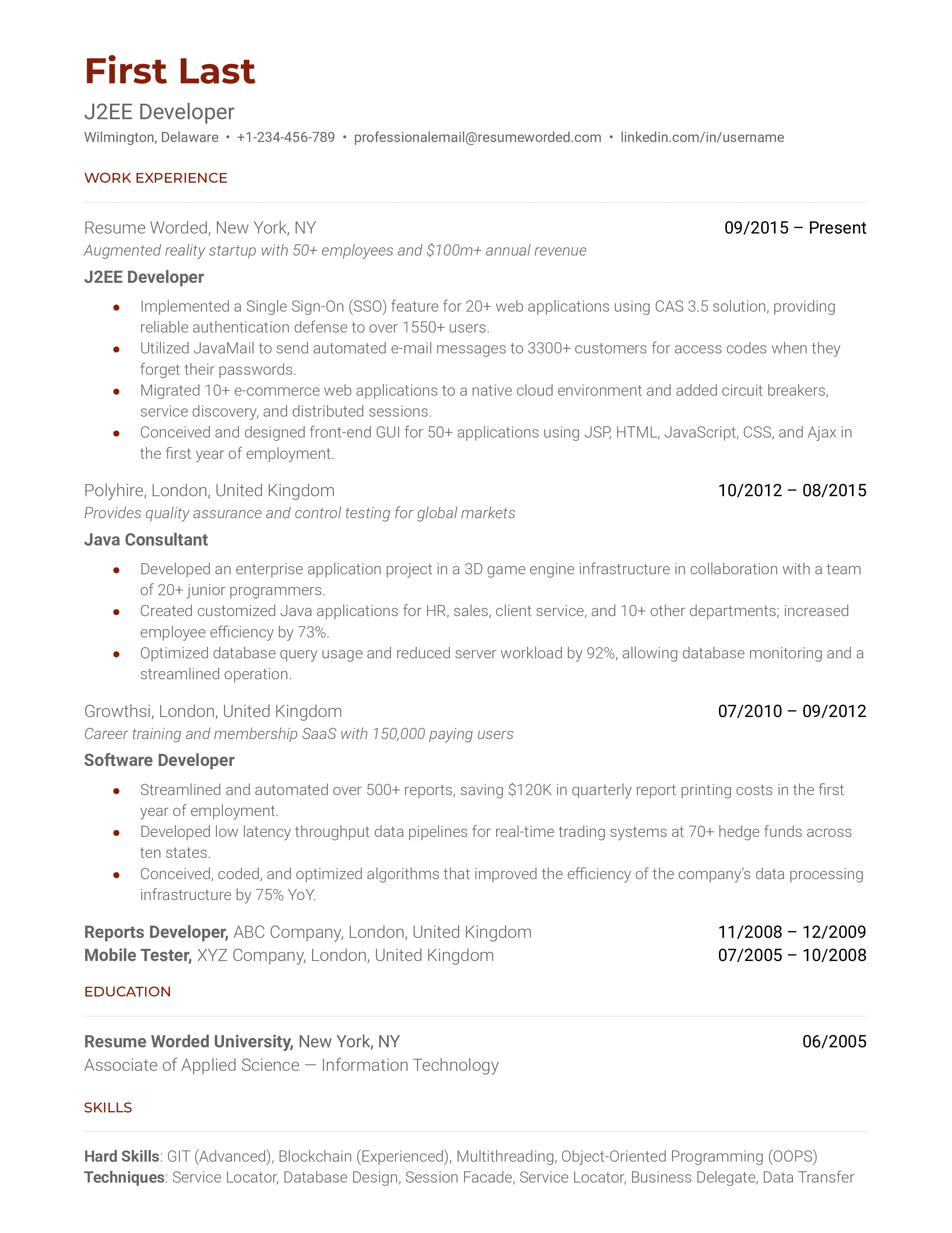 A resume for a J2EE developer with a bachelor's degree and experience as an IT analyst and Java developer.