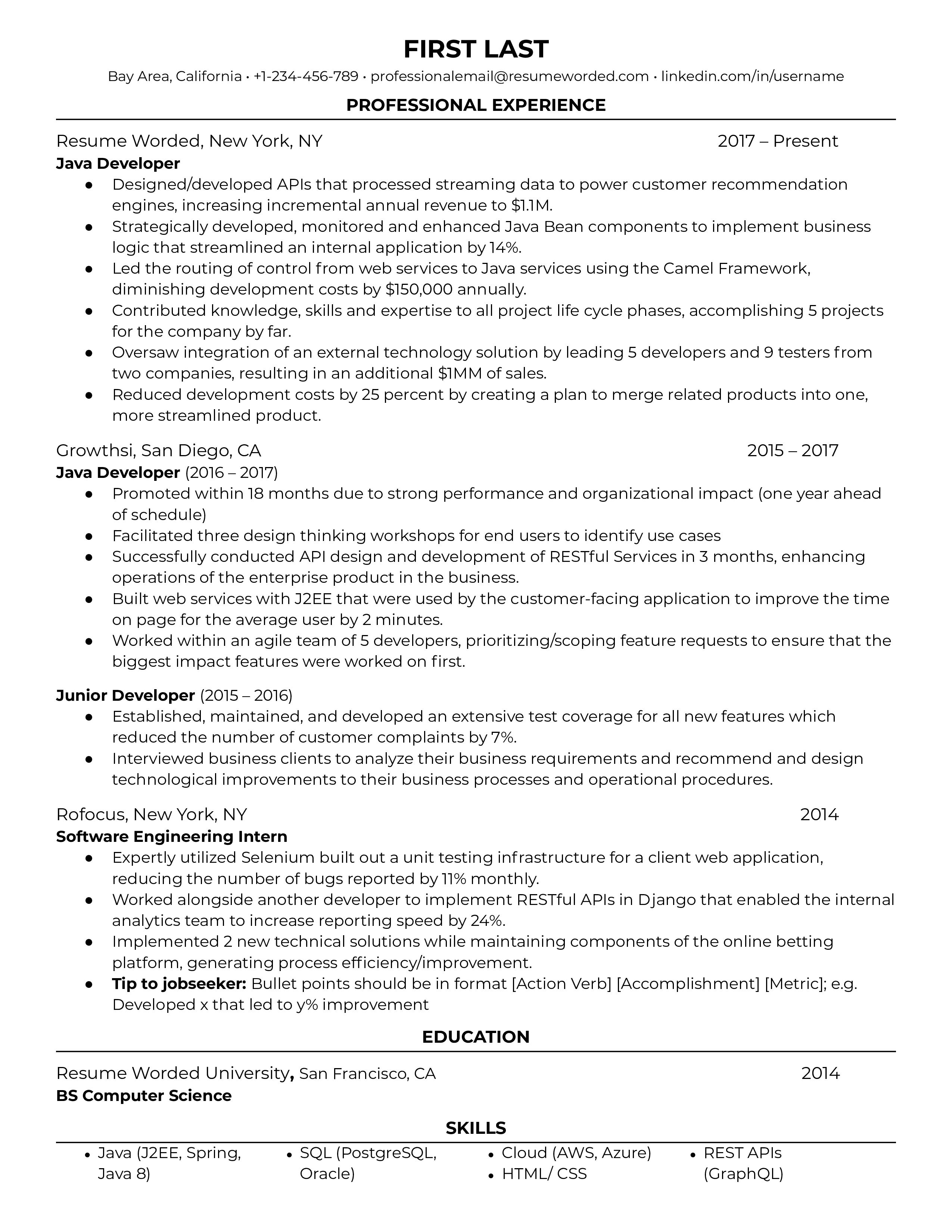 A resume for a java developer with a bachelor's degree and experience as a junior developer and software engineering intern.