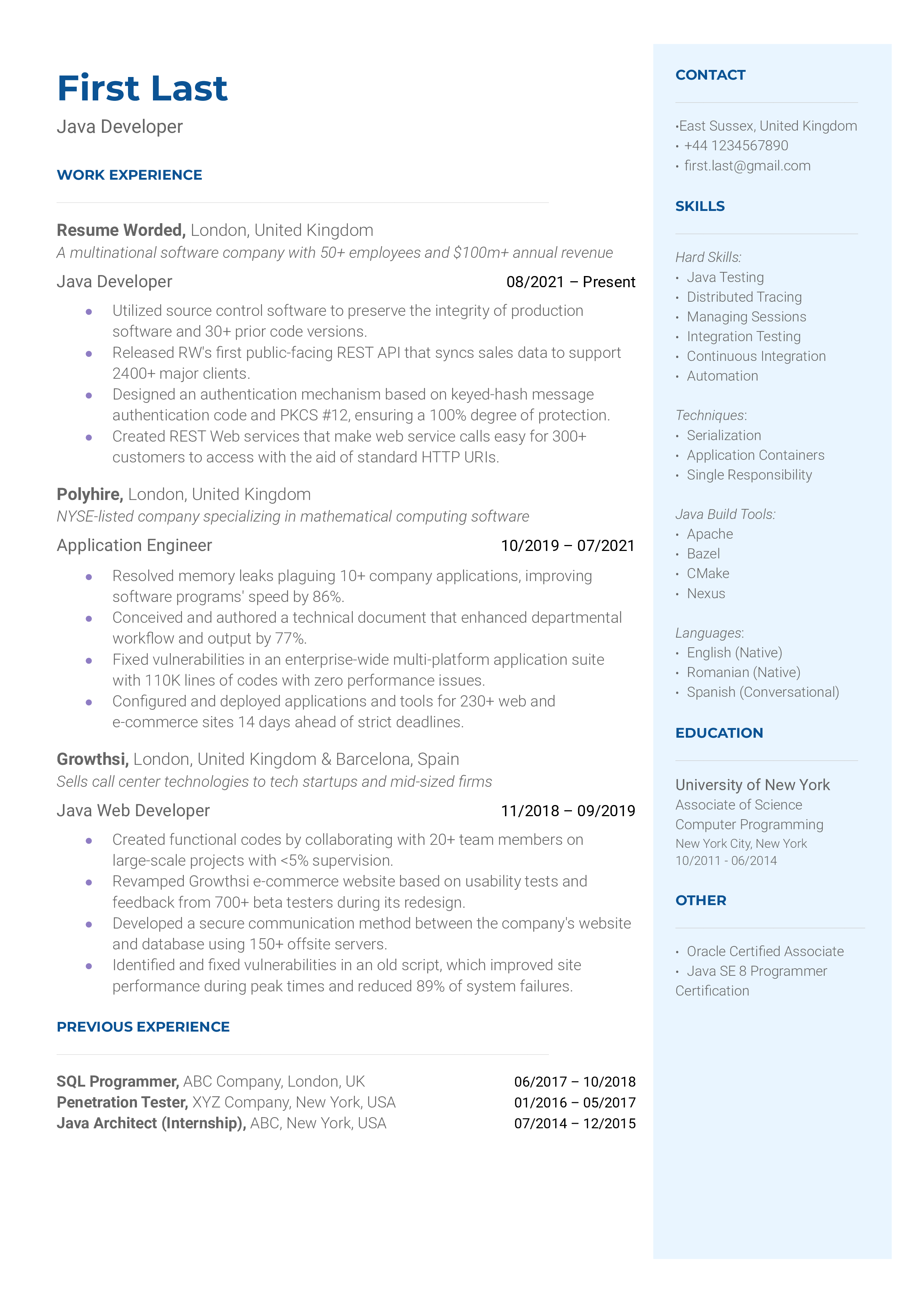 A resume for a java developer with a bachelor's degree and experience as a junior developer and software engineering intern.