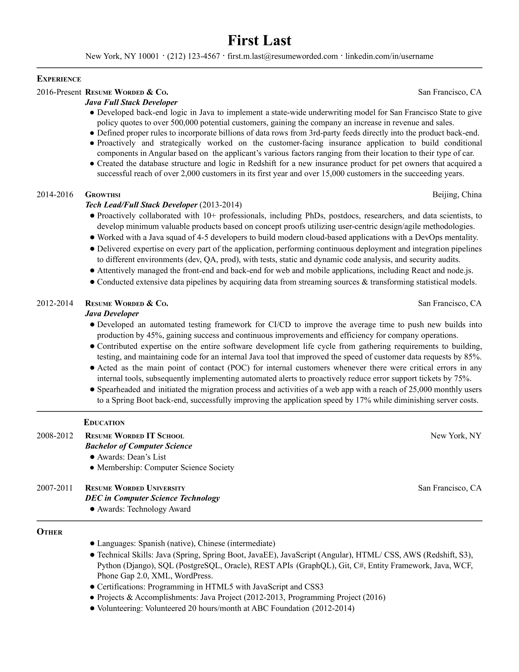 A Java full stack developer resume with work experience tailored to Java,  computer science degree, and relevant skills and certifications. 