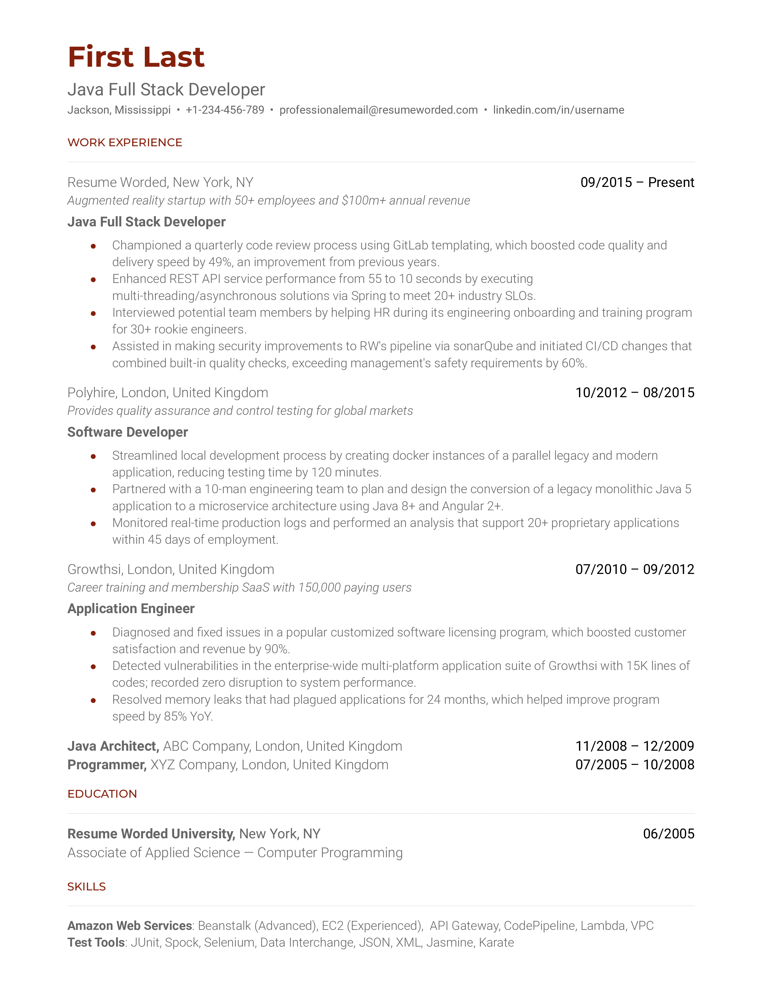 Java Full Stack Developer's CV showcasing a range of front and back end skills.