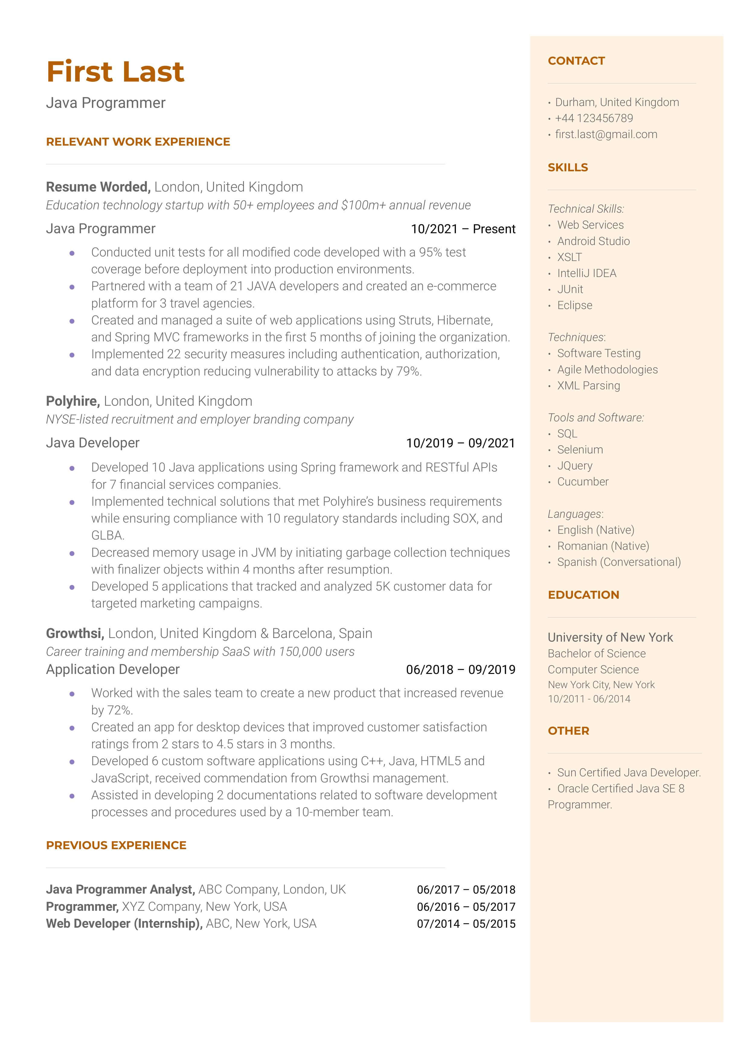 A resume template that highlights previous professional experience as a Java Programmer