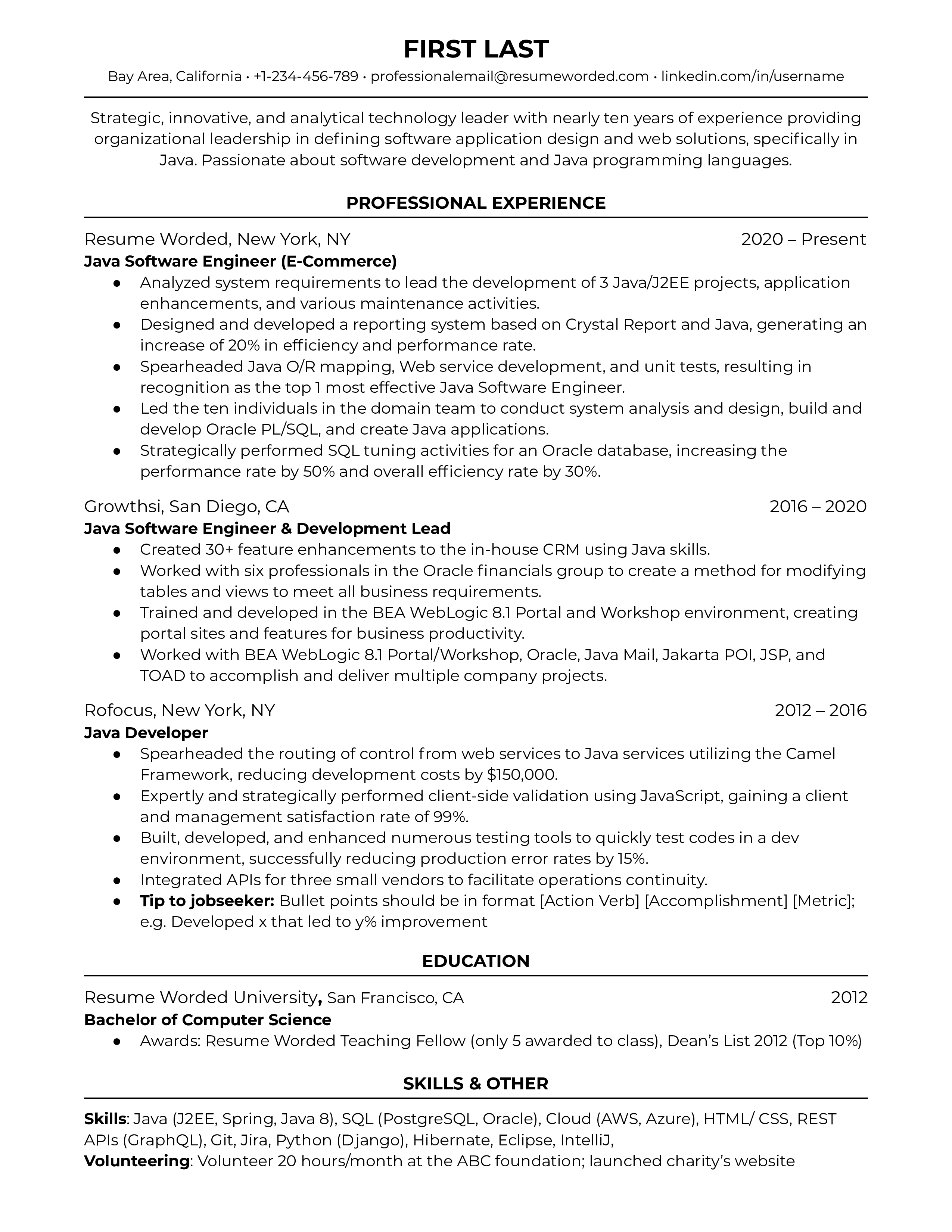 Screenshot of a well-structured CV for a Java Software Engineer role.