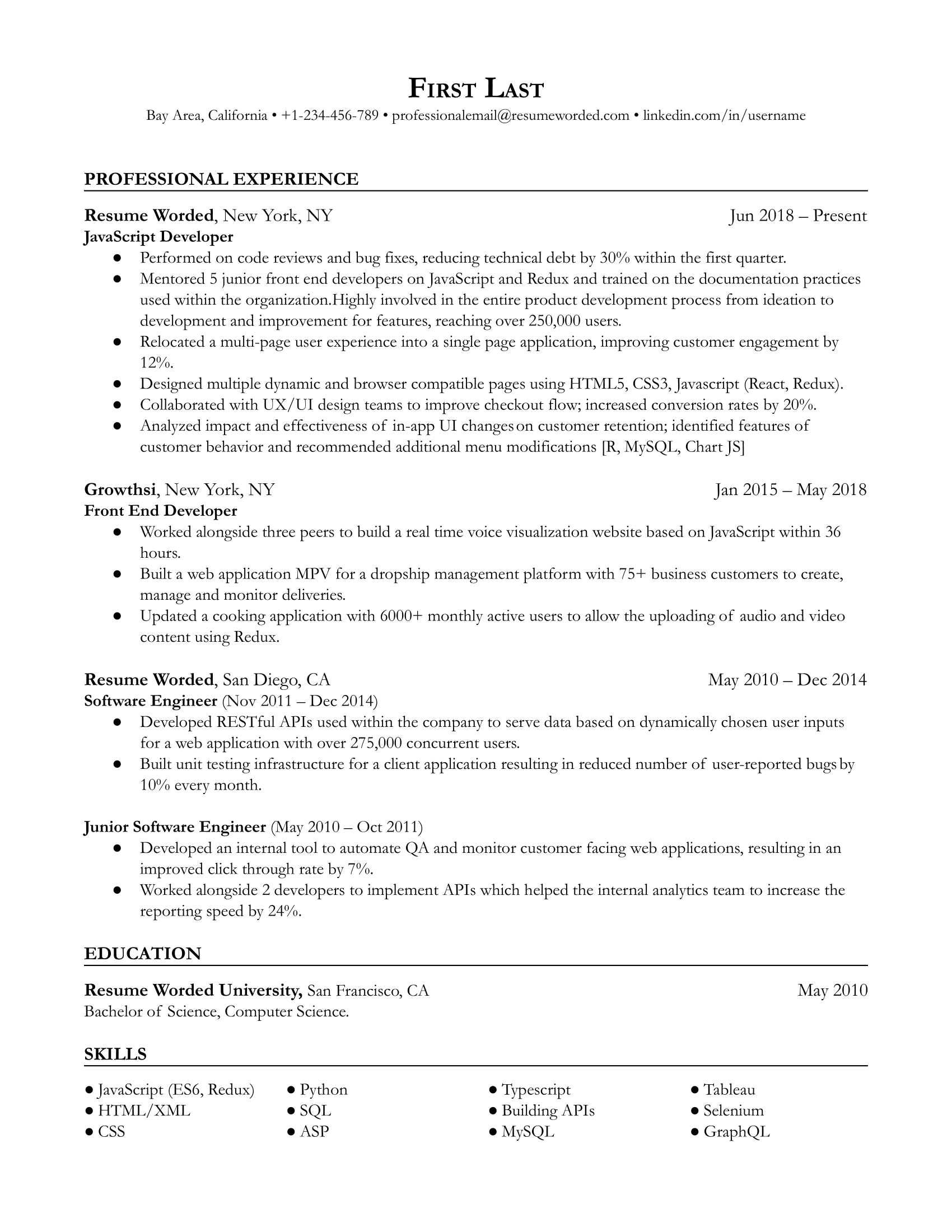 JavaScript Developer (Front-End) resume showcasing technical skills, frameworks expertise, and collaborative projects.