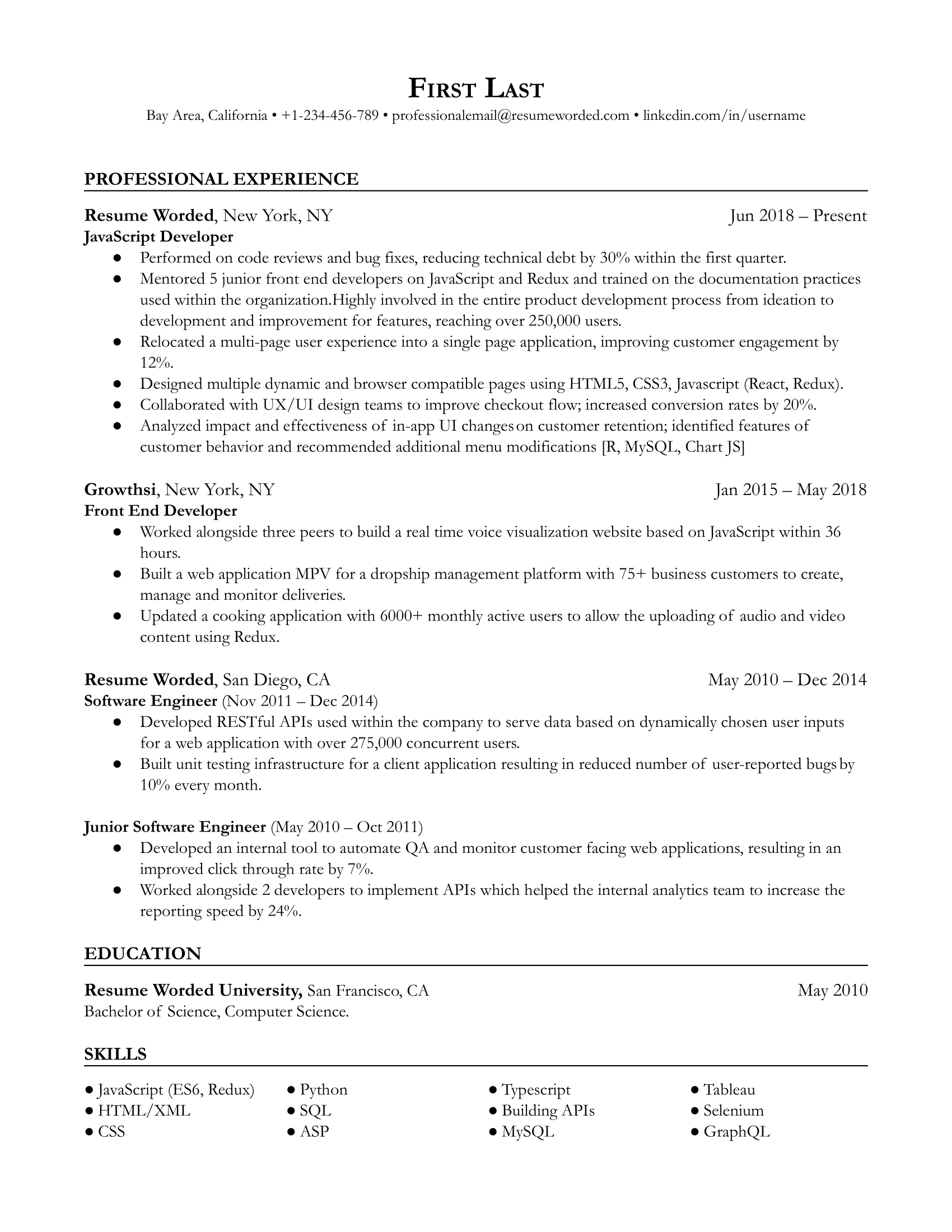 JavaScript Developer (Front-End) Resume Sample