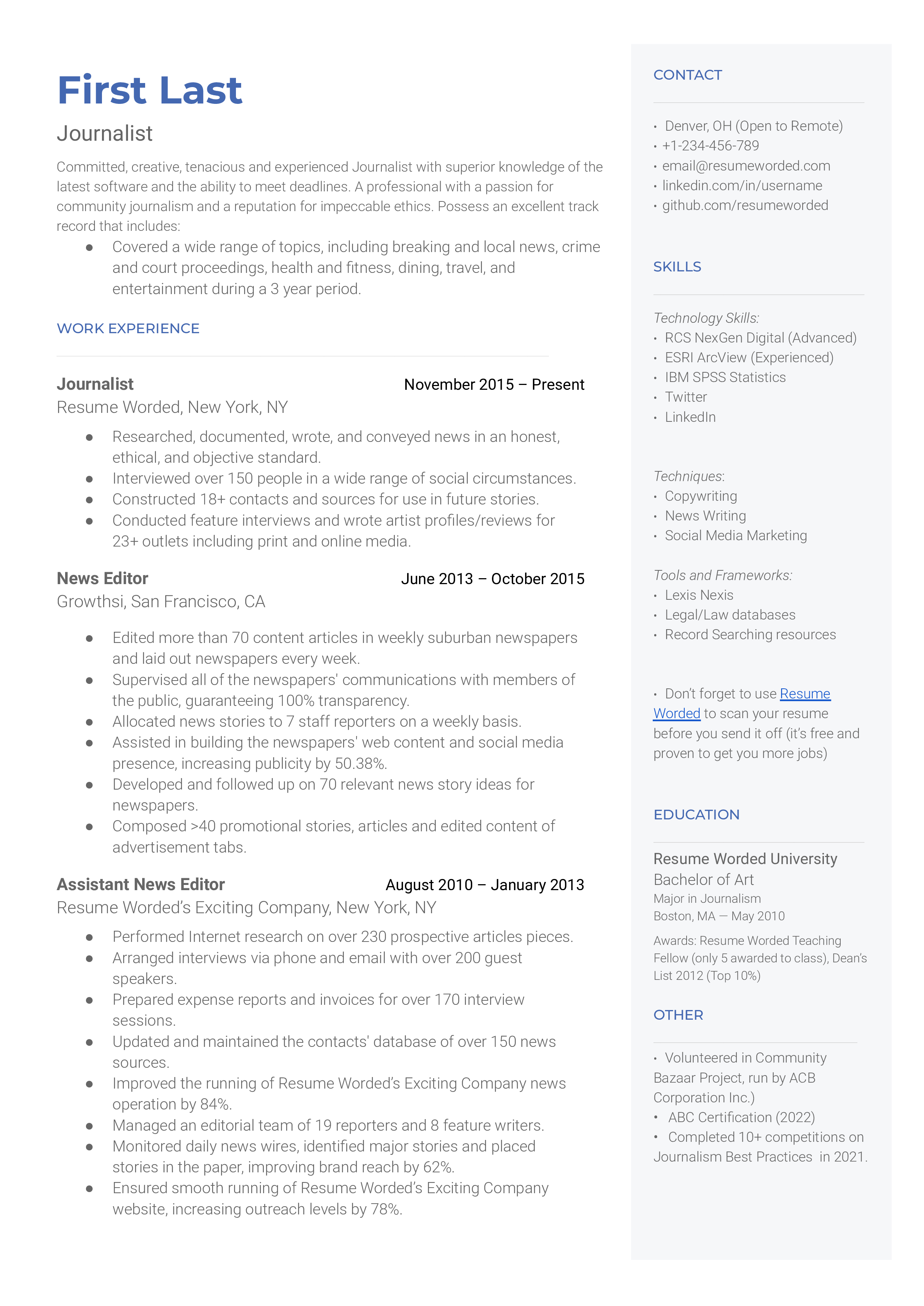 Journalism resume sample that highlightes applicant's variety of experience and educational background