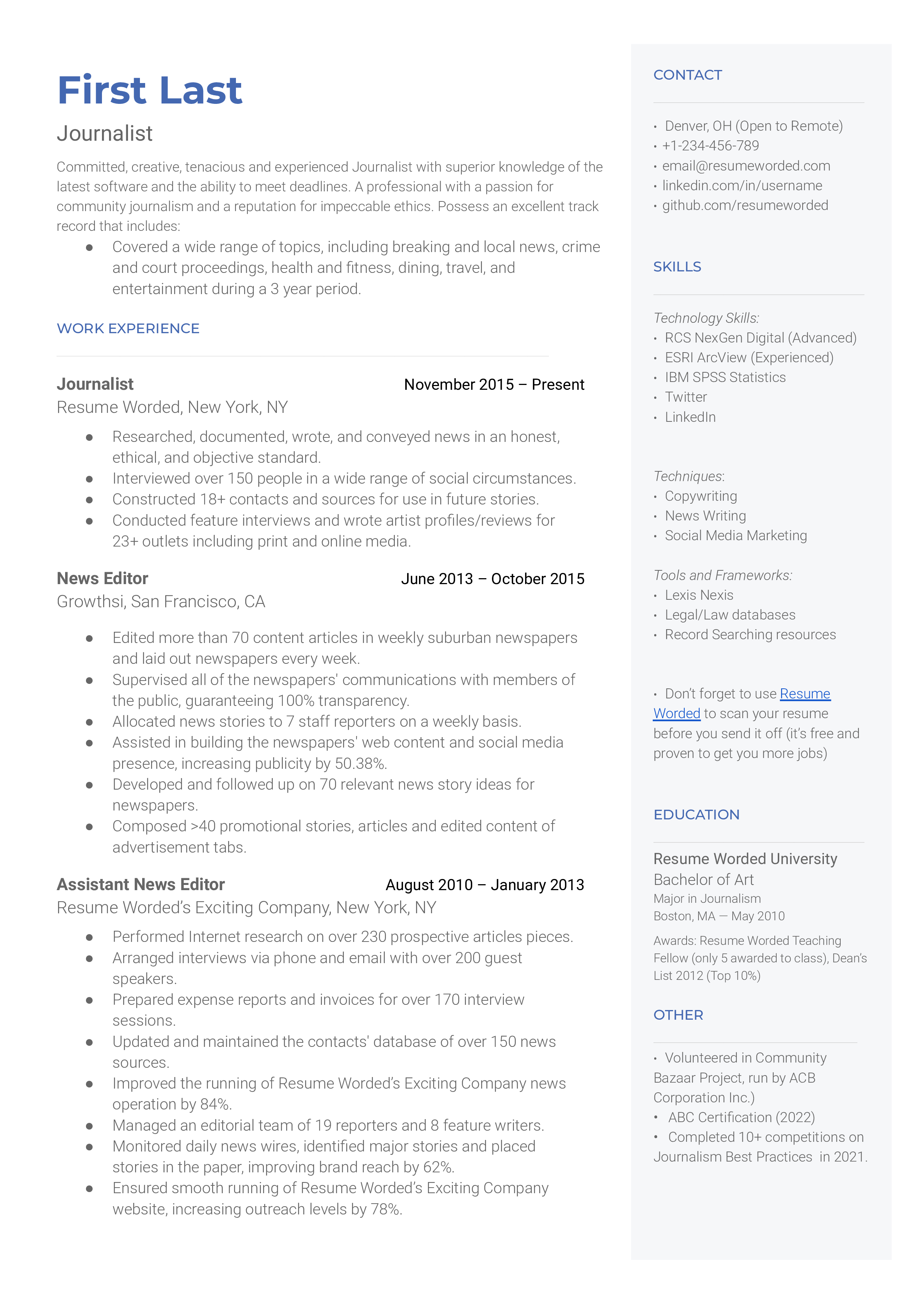 Journalist Resume Sample