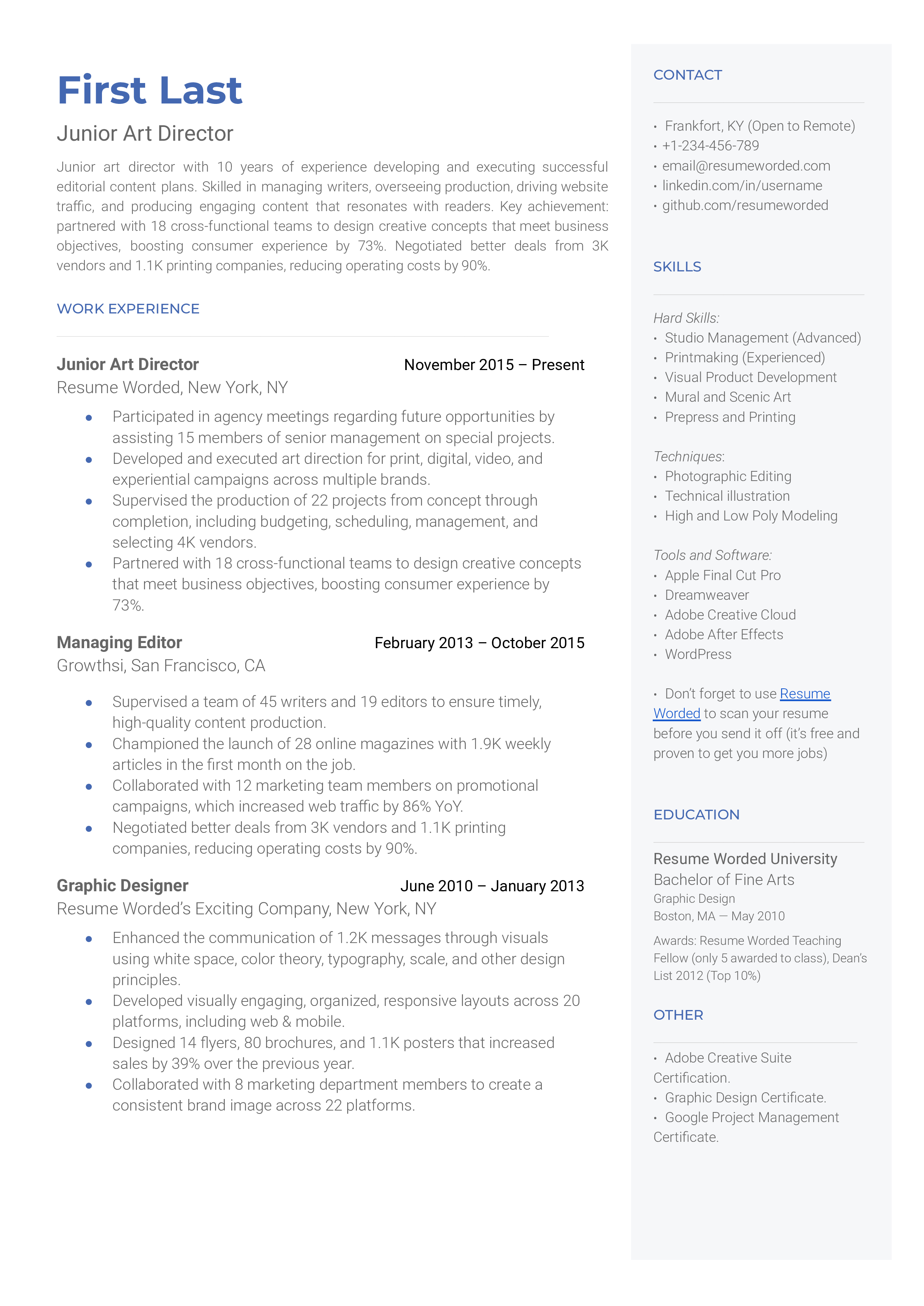 A junior art director’s resume sample that highlight’s the applicant’s impressive skills and education section, and design background.