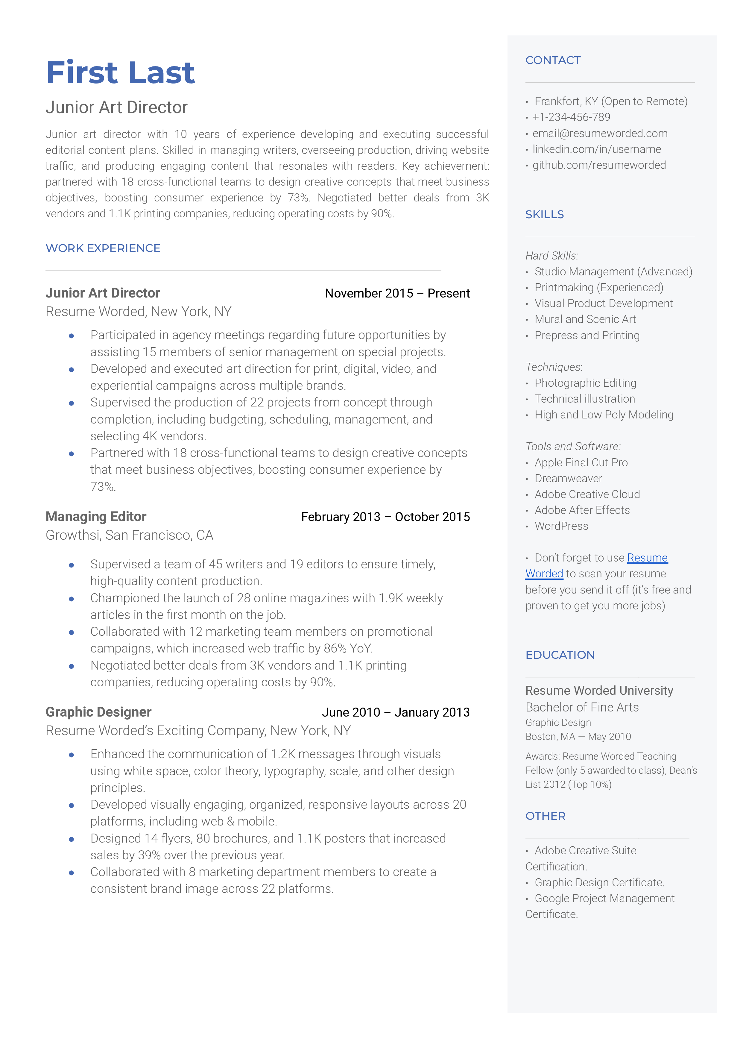 Junior Art Director Resume Sample