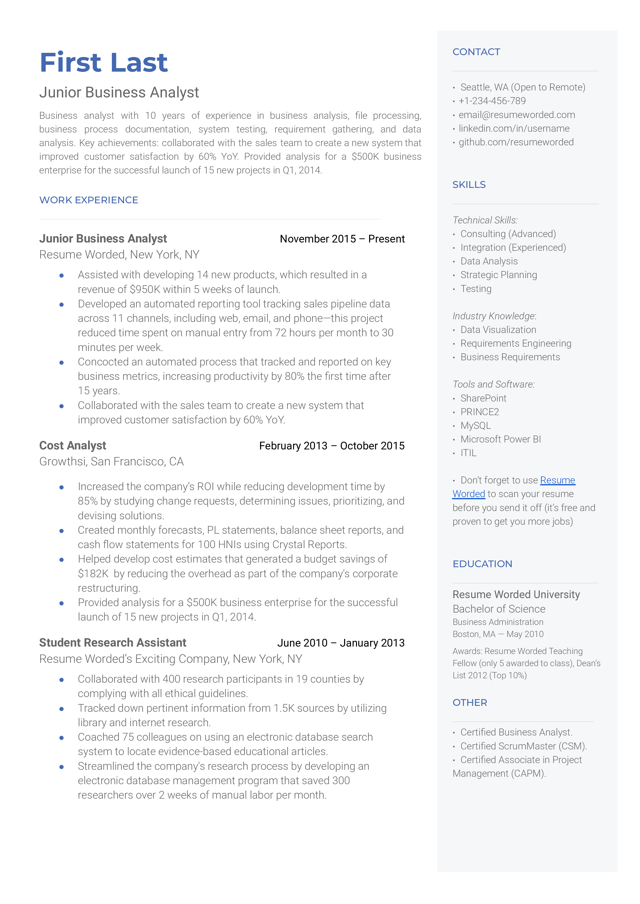 A junior business analyst resume sample that highlights the applicant's related experience and certification.