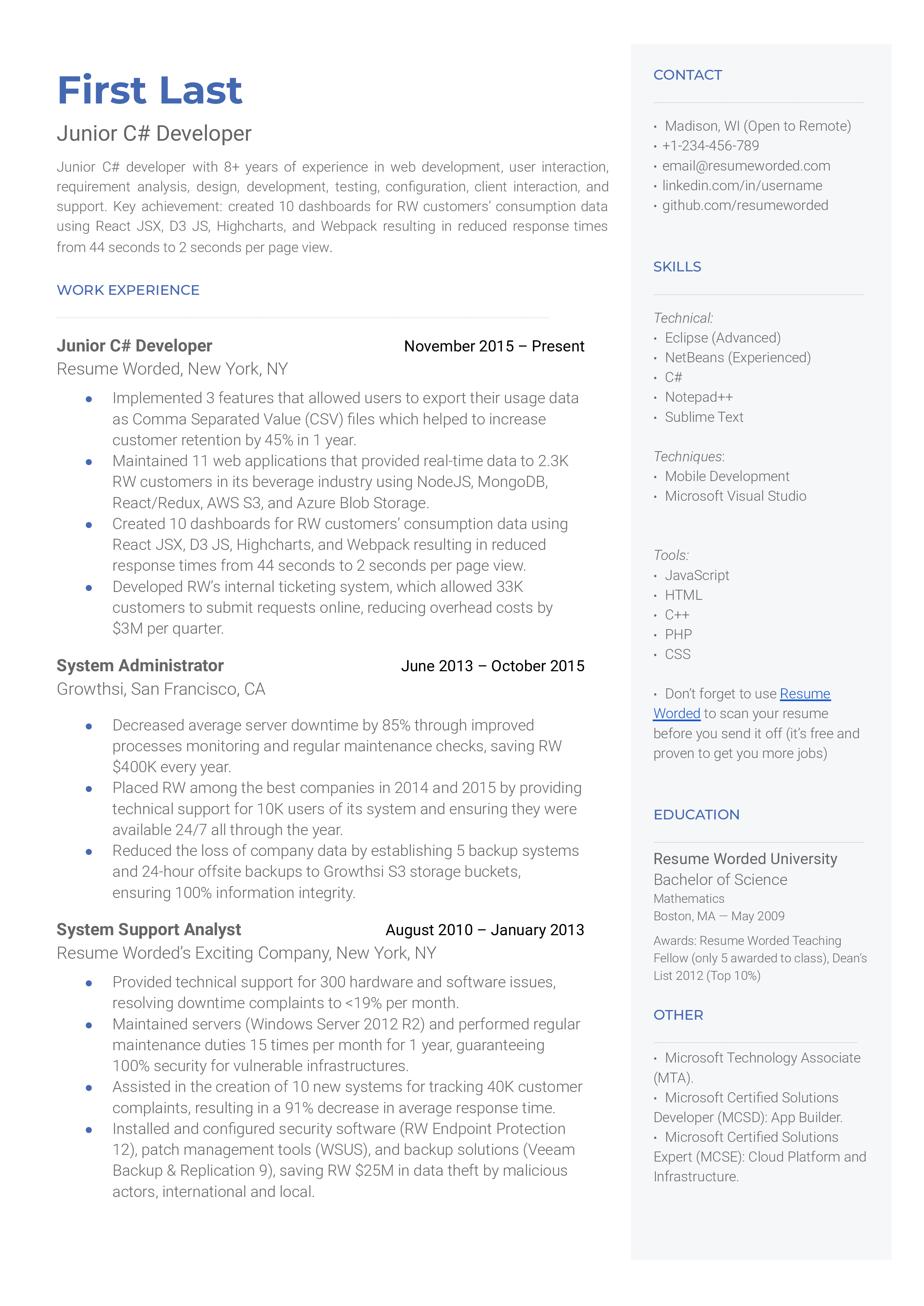 Junior C# developer resume example