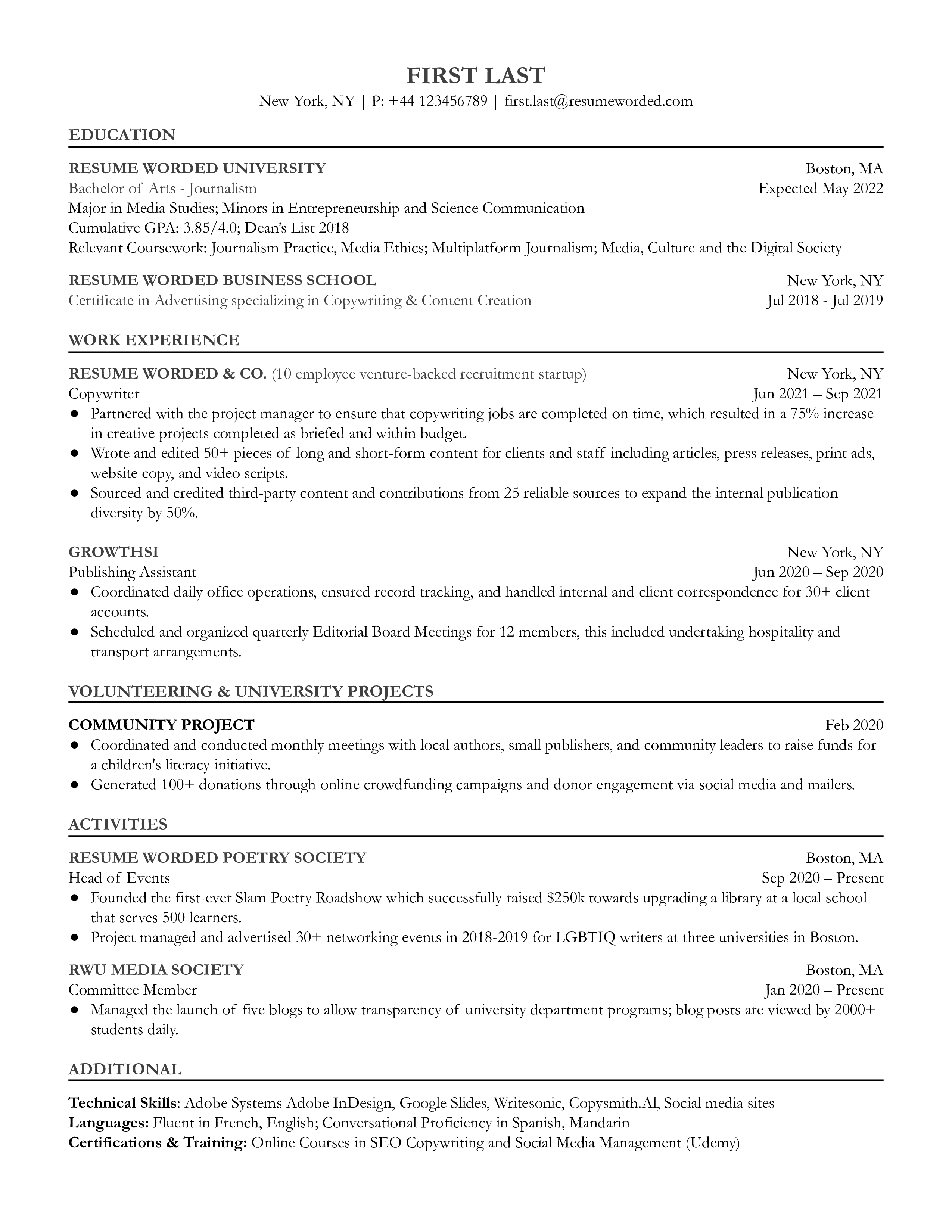 A junior copywriter sample resume that highlights educational and extra curricular background as well as copywriting success