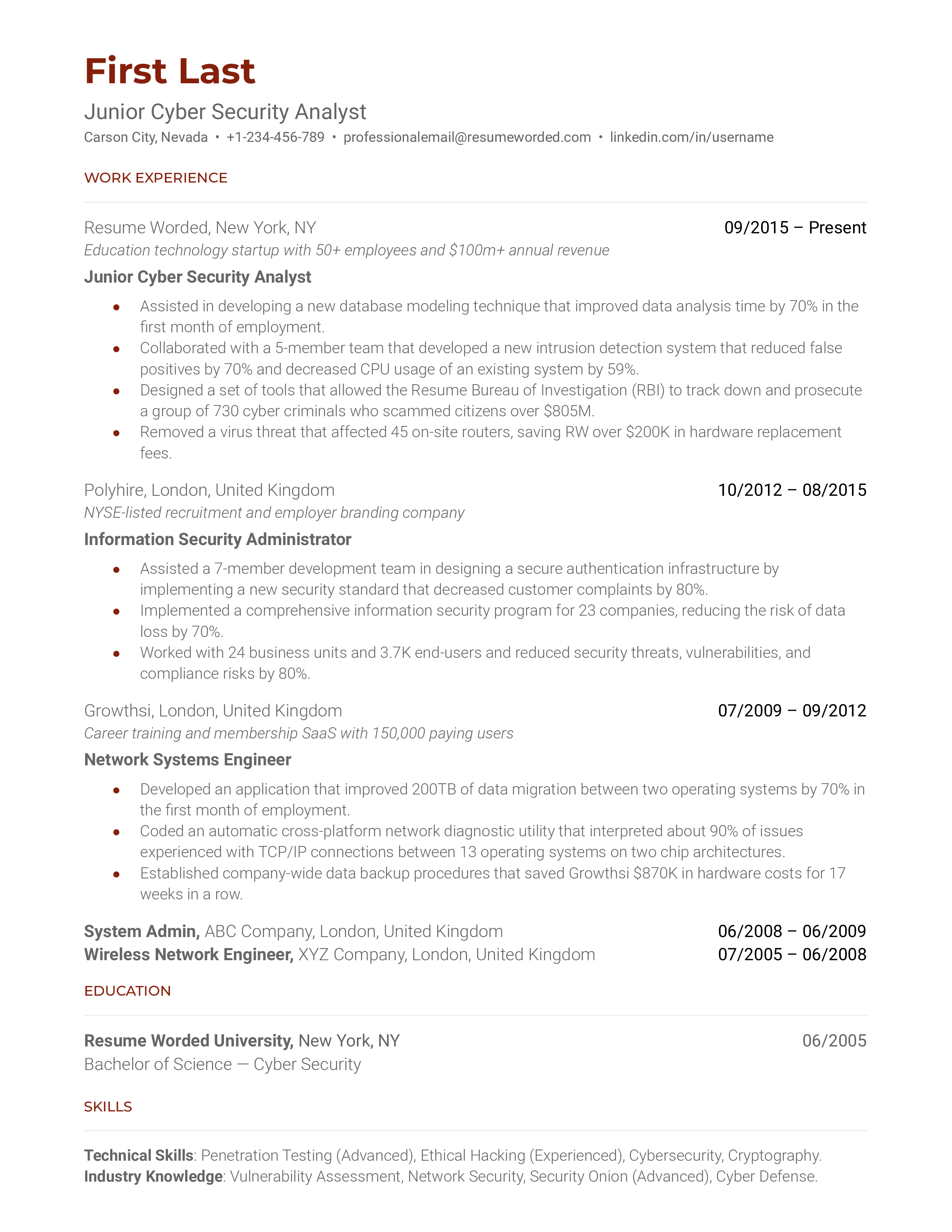 A junior cyber security analyst resume that features past experience in information security admin and systems engineering.