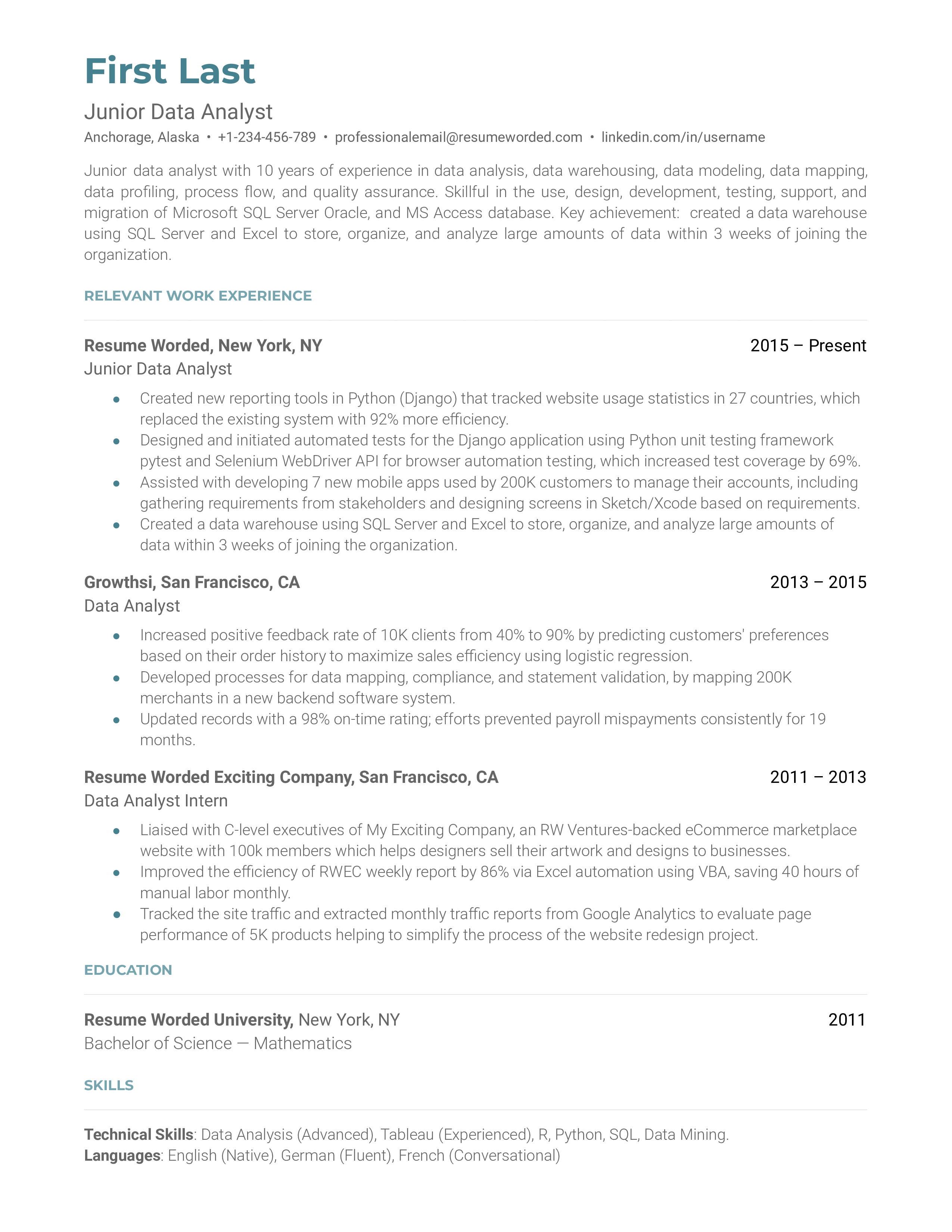 A screenshot of a well-structured CV for a Junior Data Analyst role.