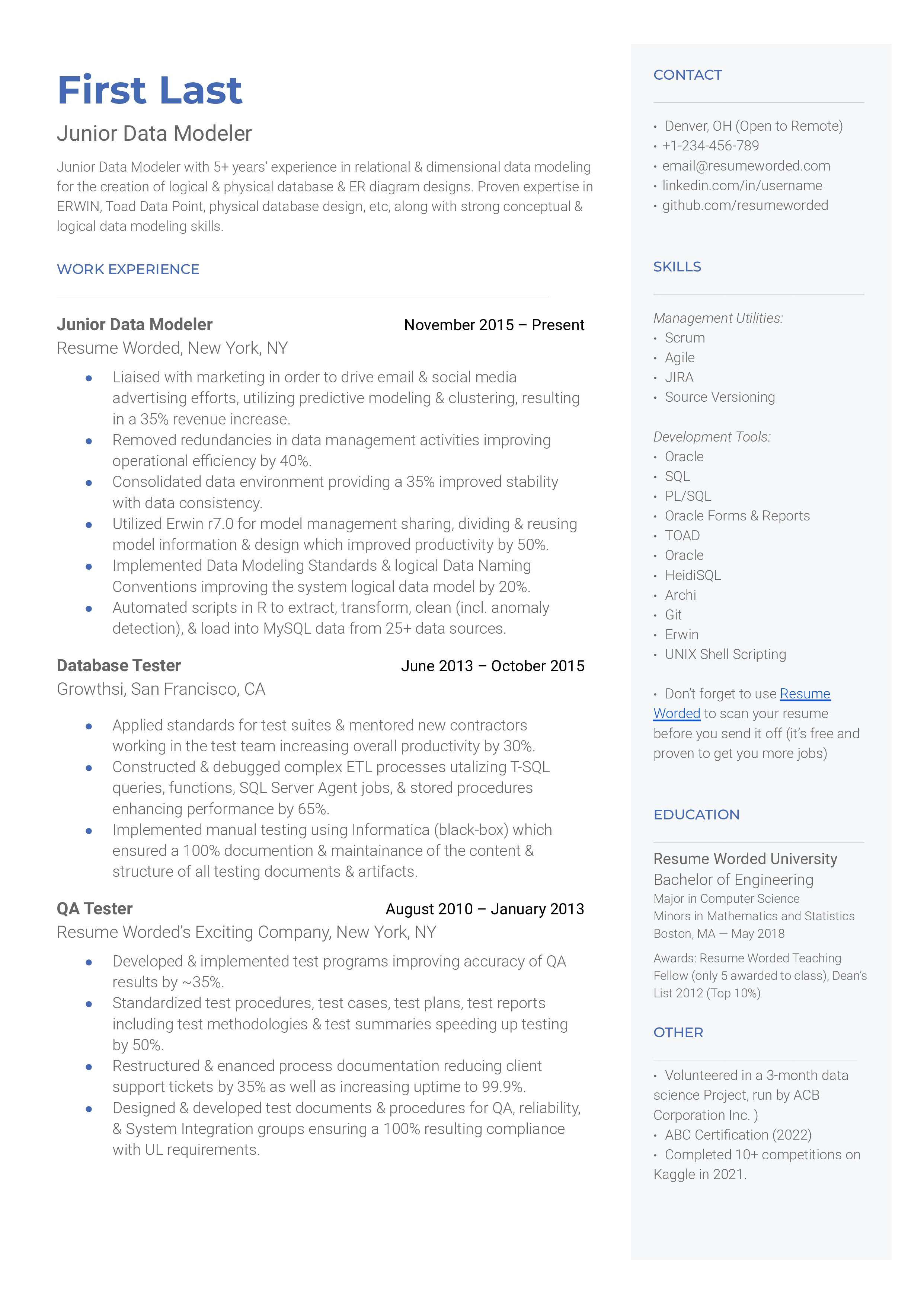 A Junior Data Modeler resume template showcasing the applicant's experience in relational & dimensional data modeliing.
