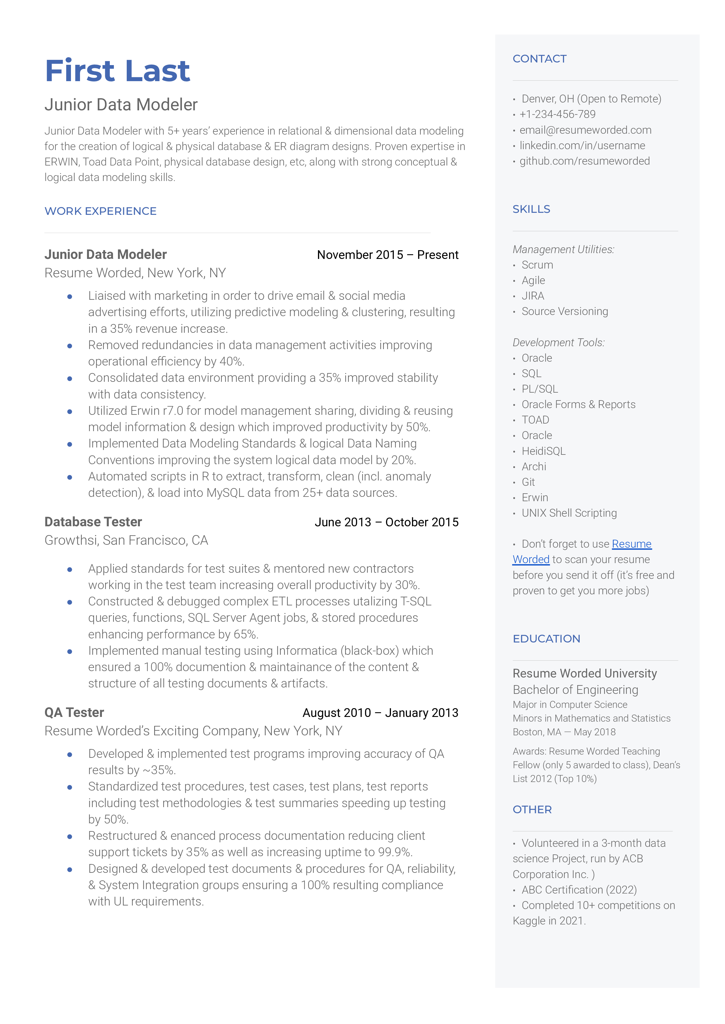 A CV screenshot showing skills and experiences relevant for a Junior Data Modeler.